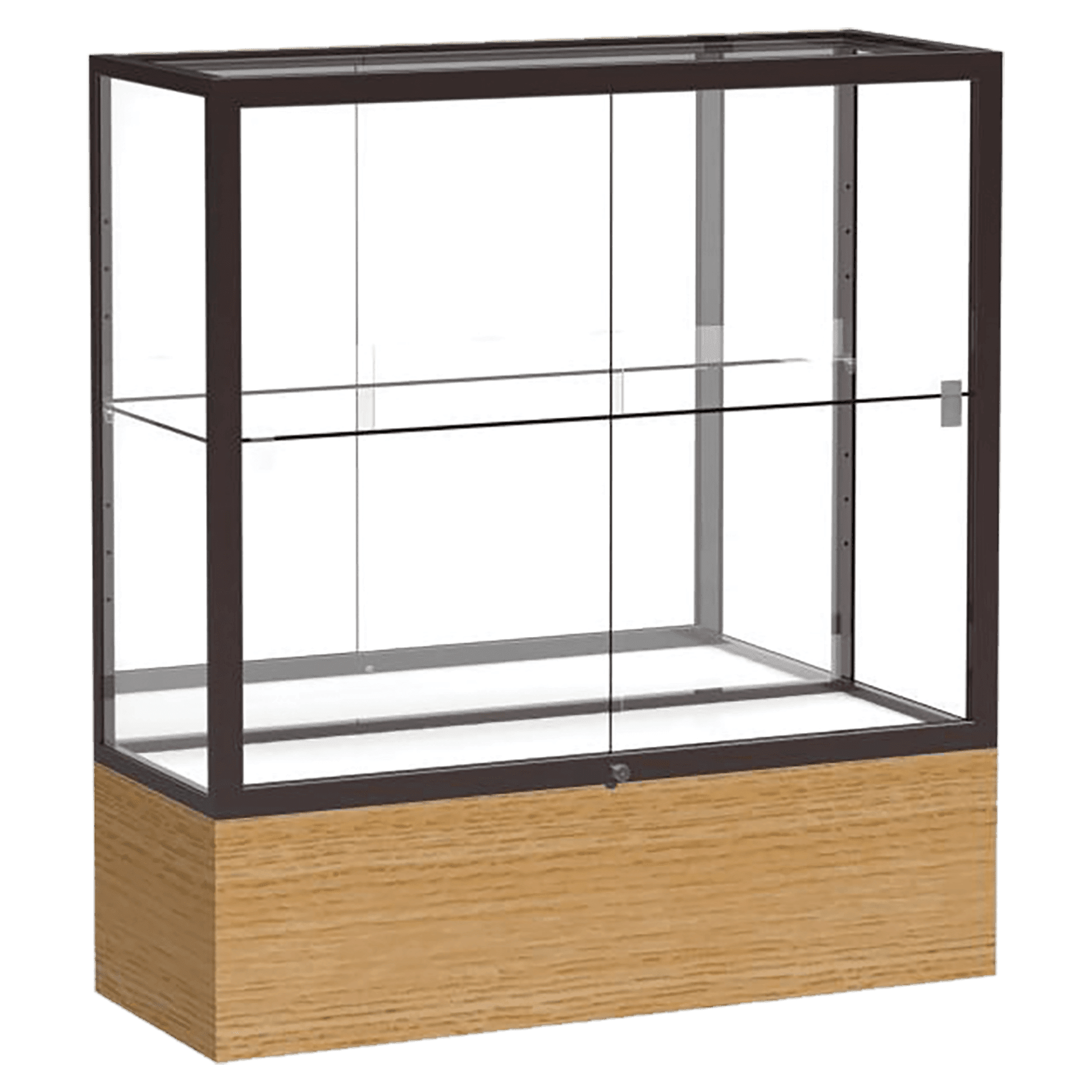 40"H x 36"W x 14"D Natural Oak Finish, Mirror Back, Dark Bronze Aluminum Frame, Reliant Display Case