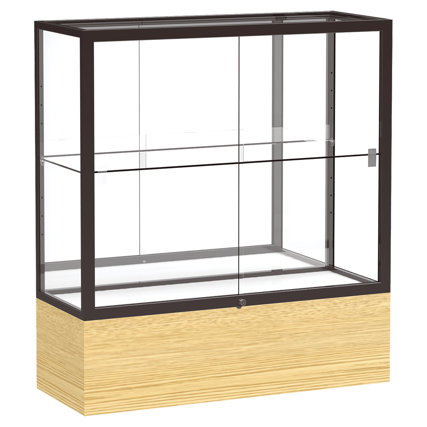 40"H x 36"W x 14"D Light Oak Vinyl Finish, Mirror Back, Dark Bronze Aluminum Frame, Reliant Display Case