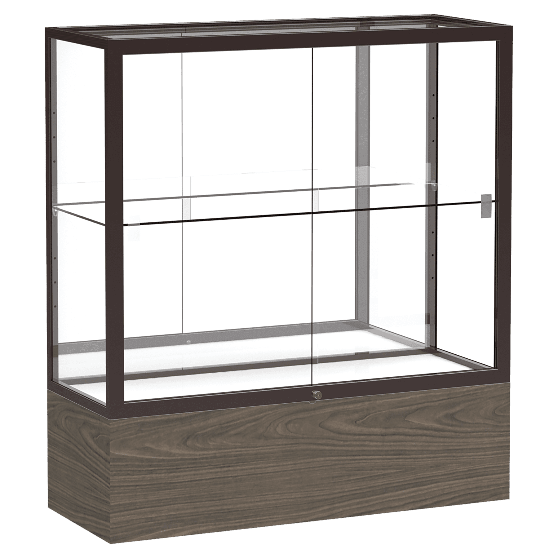 40"H x 36"W x 14"D Walnut Vinyl Finish, Mirror Back, Dark Bronze Aluminum Frame, Reliant Display Case