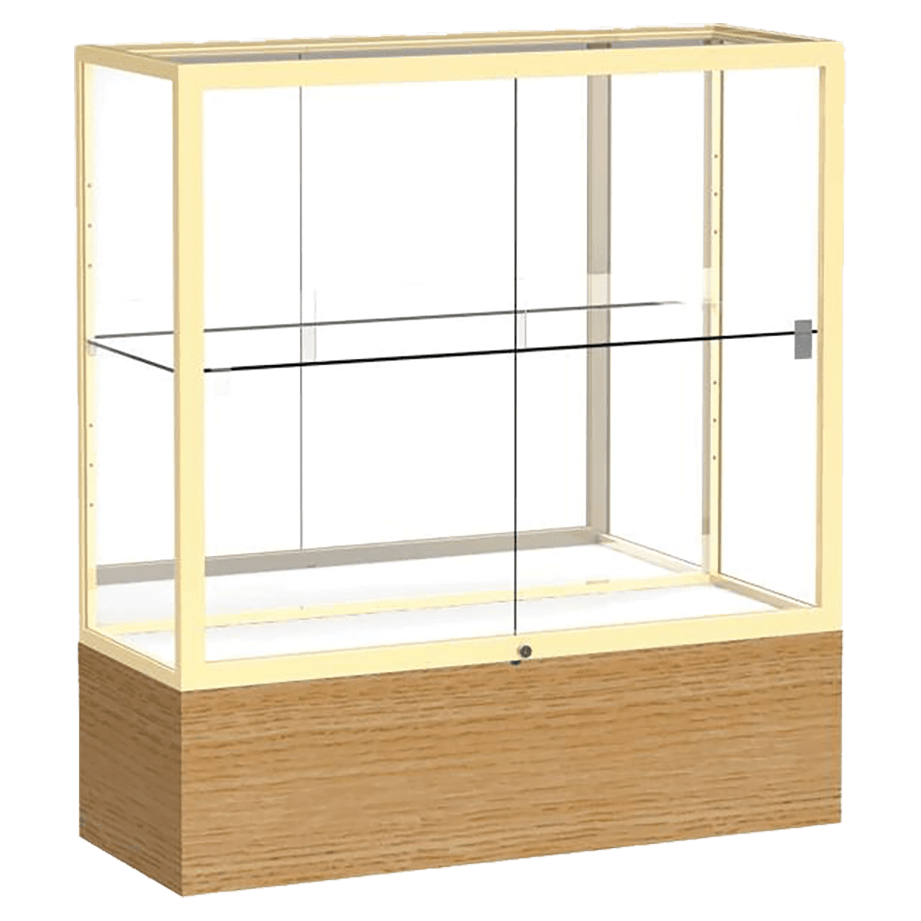 40"H x 36"W x 14"D Natural Oak Finish, Mirror Back, Champagne Aluminum Frame, Reliant Display Case