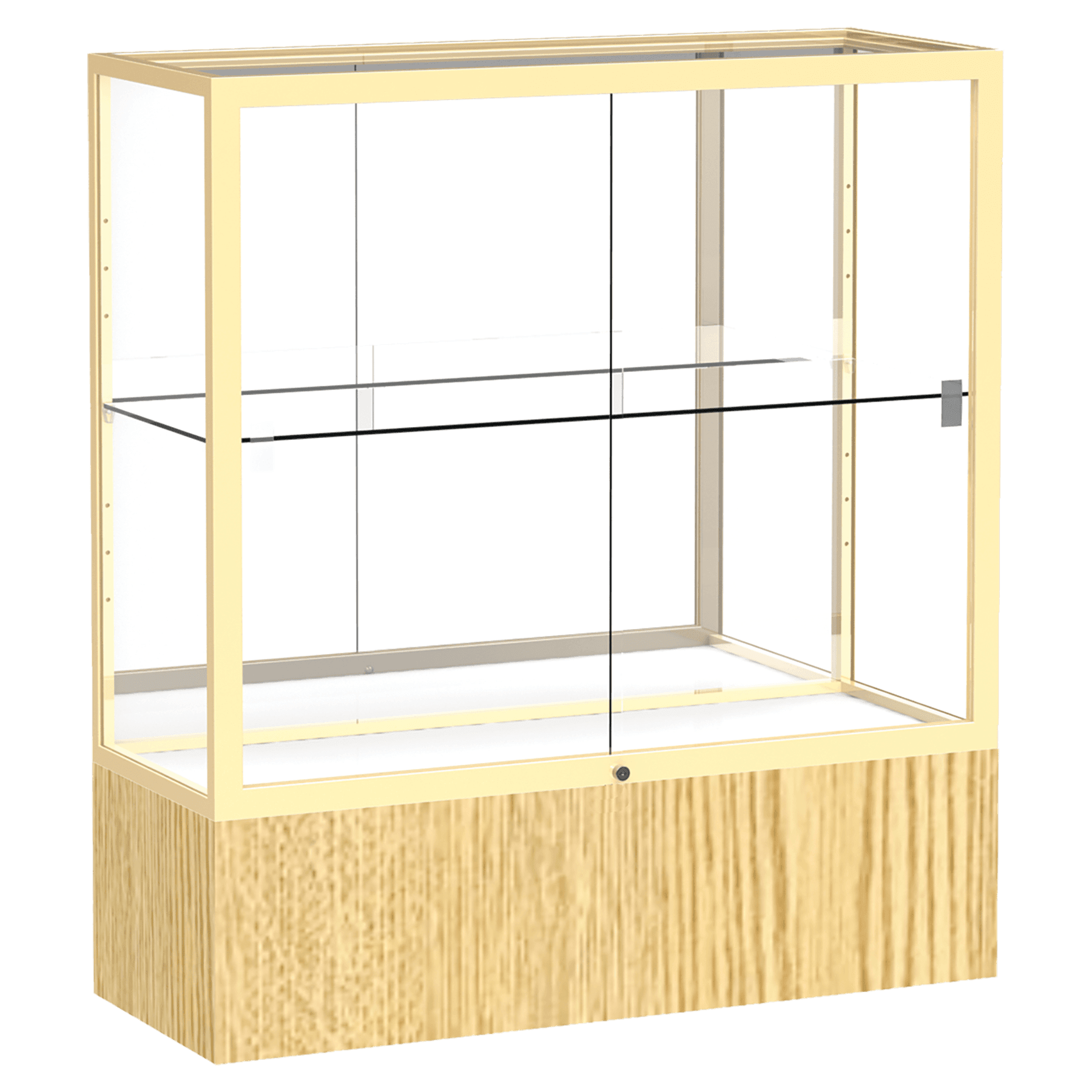 40"H x 36"W x 14"D Light Oak Vinyl Finish, Mirror Back, Champagne Aluminum Frame, Reliant Display Case
