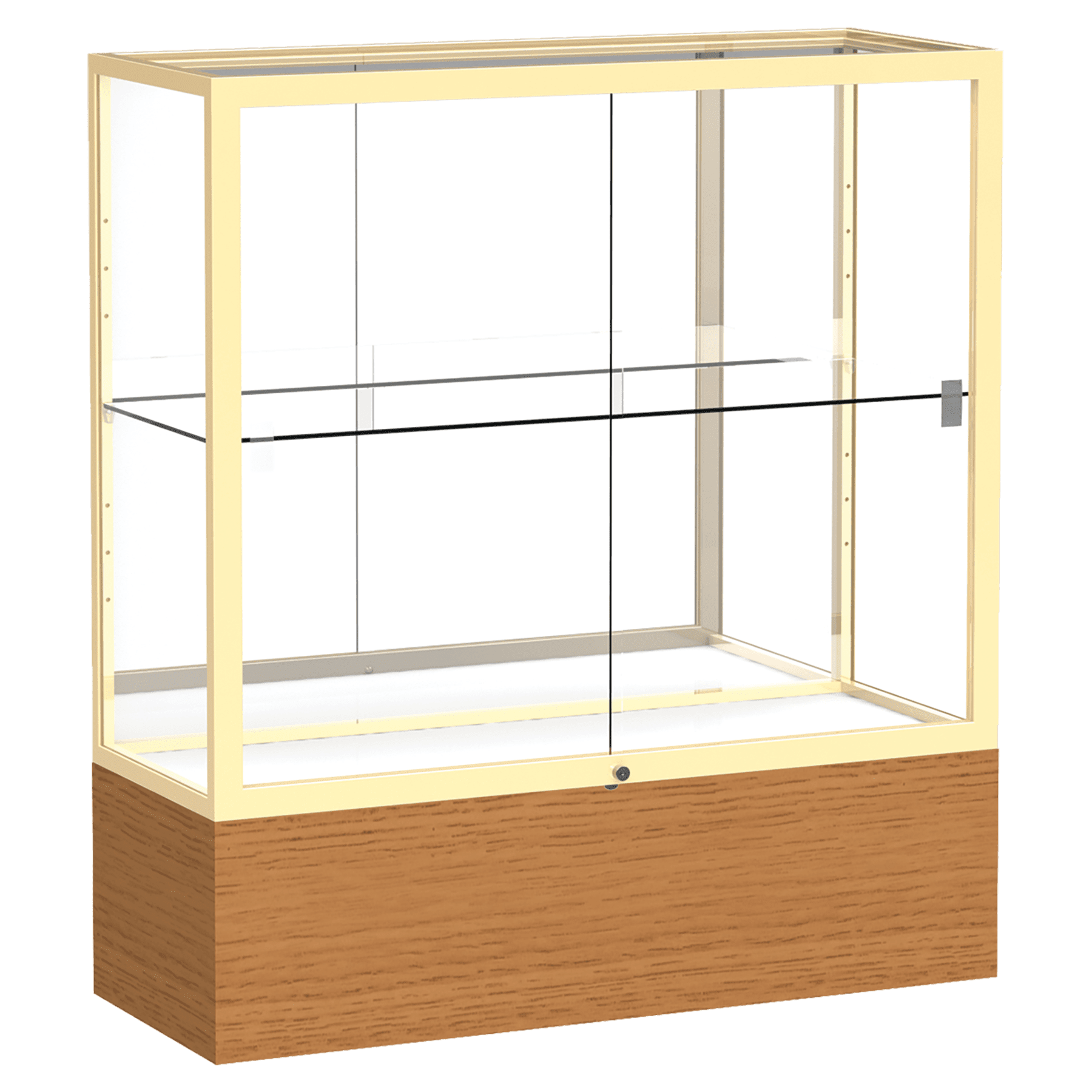 40"H x 36"W x 14"D Carmel Oak Finish, Mirror Back, Champagne Aluminum Frame, Reliant Display Case