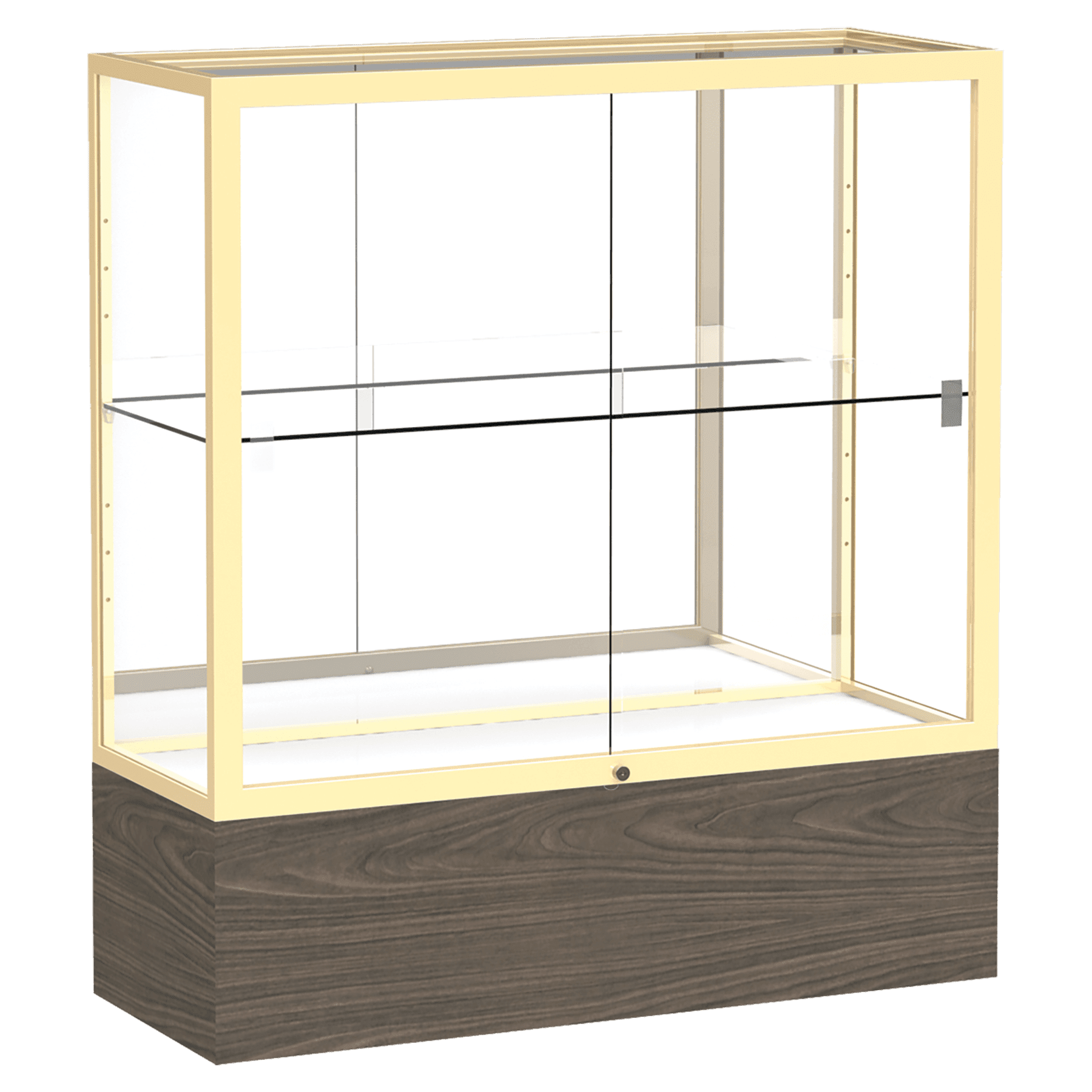 40"H x 36"W x 14"D Walnut Vinyl Finish, Mirror Back, Champagne Aluminum Frame, Reliant Display Case