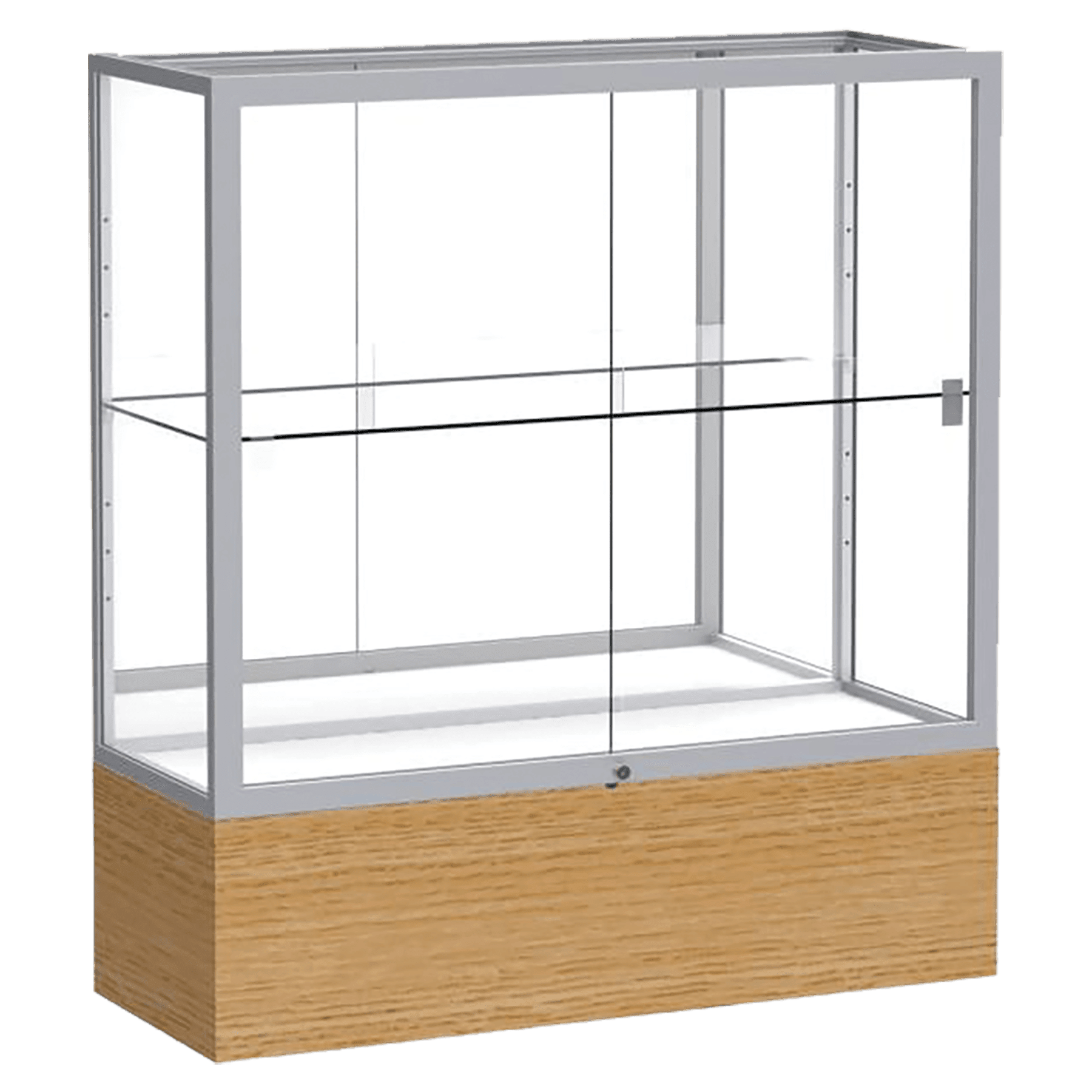 40"H x 36"W x 14"D Natural Oak Finish, Mirror Back, Satin Natural Aluminum Frame, Reliant Display Case