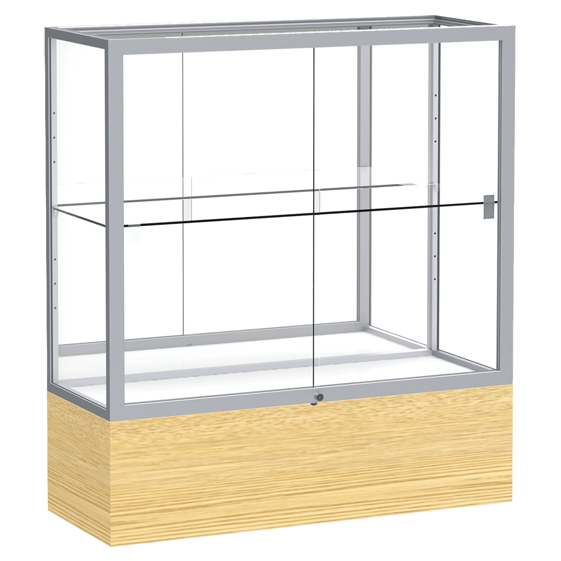 40"H x 36"W x 14"D Light Oak Vinyl Finish, Mirror Back, Satin Natural Aluminum Frame, Reliant Display Case