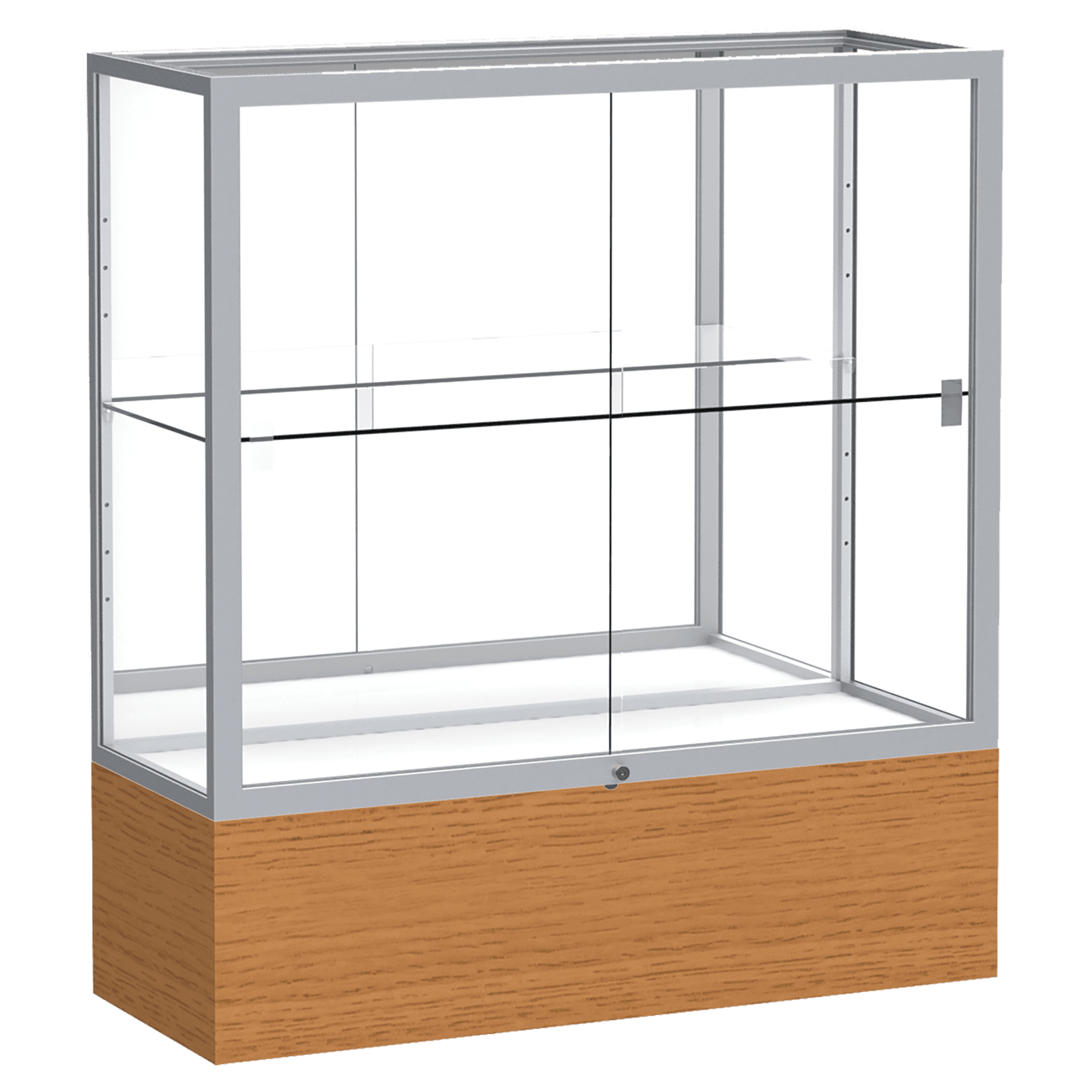 40"H x 36"W x 14"D Carmel Oak Finish, Mirror Back, Satin Natural Aluminum Frame, Reliant Display Case