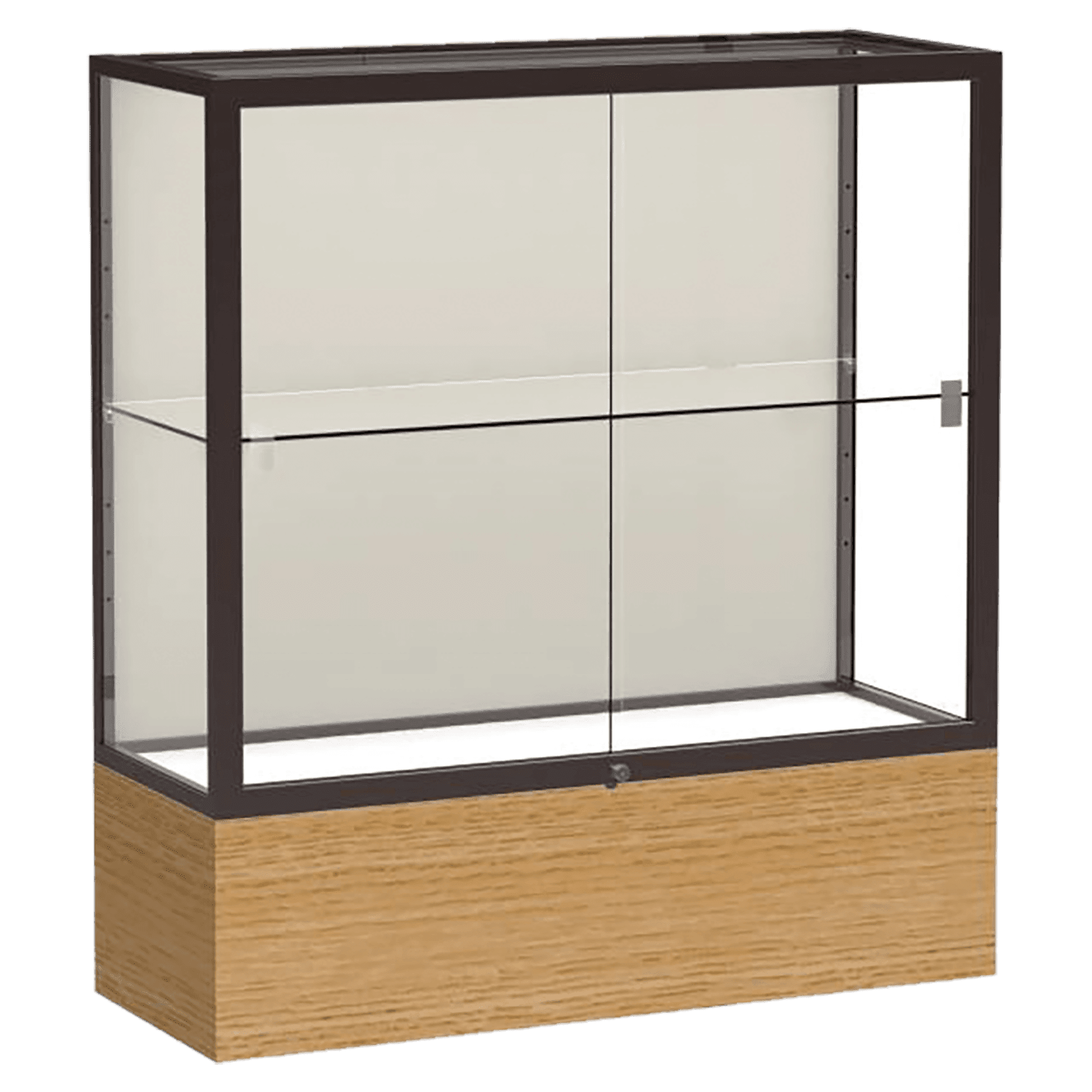 40"H x 36"W x 14"D Natural Oak Finish, Plaque Fabric Back, Dark Bronze Aluminum Frame, Reliant Display Case