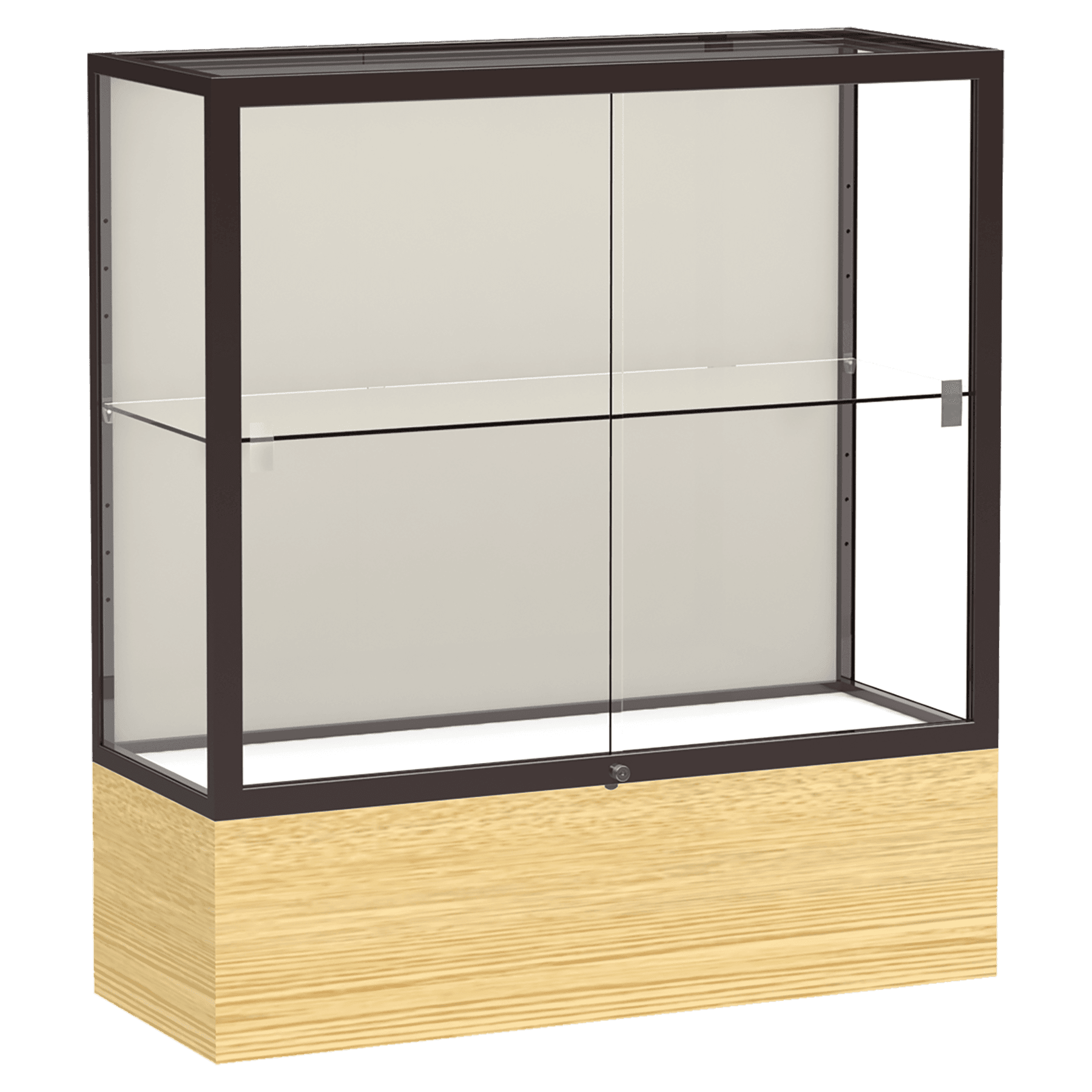 40"H x 36"W x 14"D Light Oak Vinyl Finish, Plaque Fabric Back, Dark Bronze Aluminum Frame, Reliant Display Case