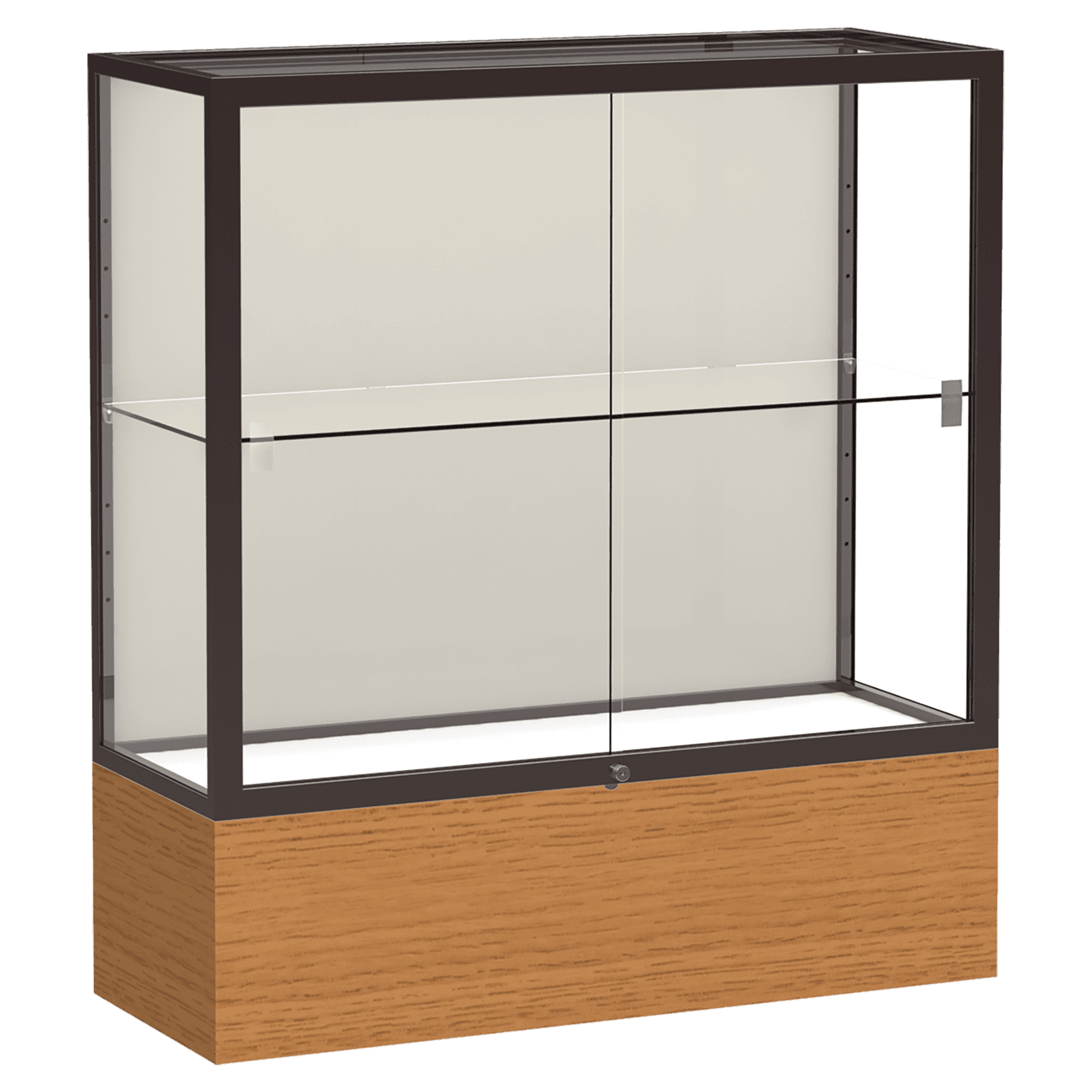 40"H x 36"W x 14"D Carmel Oak Finish, Plaque Fabric Back, Dark Bronze Aluminum Frame, Reliant Display Case