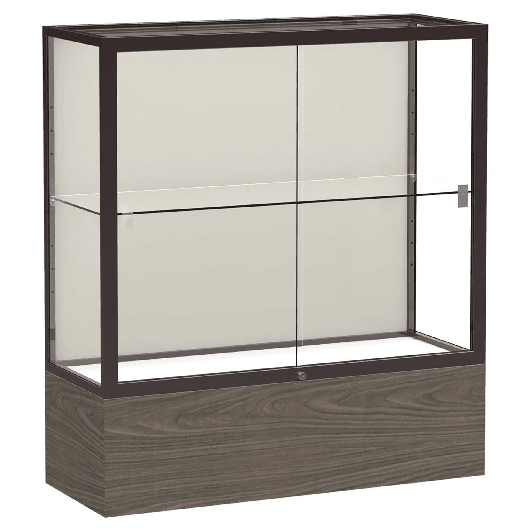 40"H x 36"W x 14"D Walnut Vinyl Finish, Plaque Fabric Back, Dark Bronze Aluminum Frame, Reliant Display Case