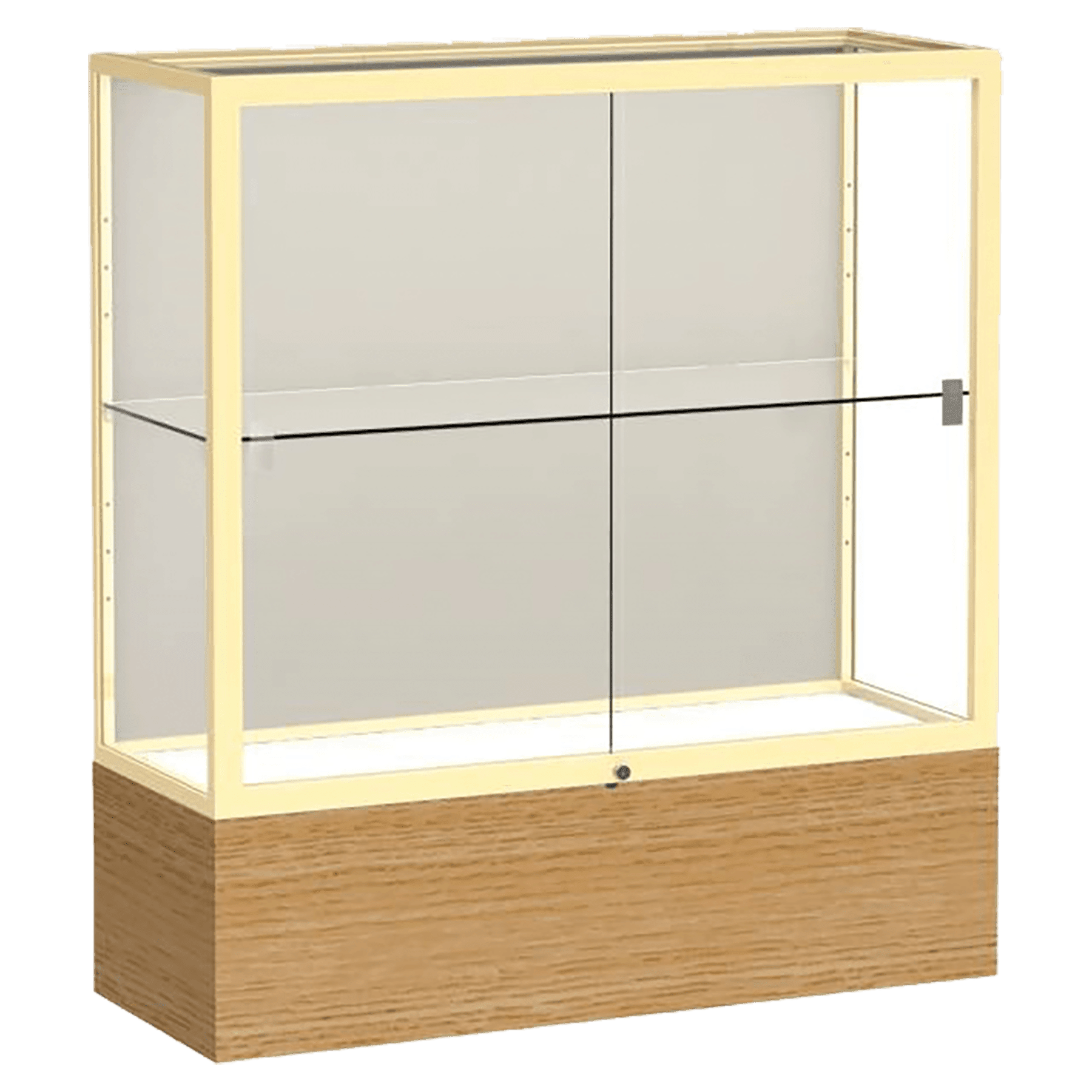 40"H x 36"W x 14"D Natural Oak Finish, Plaque Fabric Back, Champagne Aluminum Frame, Reliant Display Case