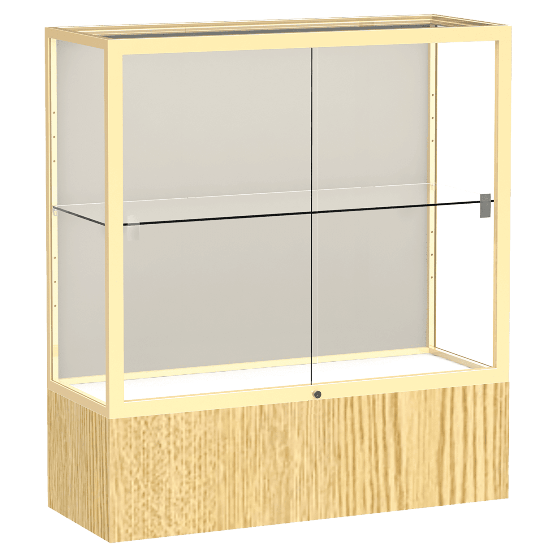 40"H x 36"W x 14"D Light Oak Vinyl Finish, Plaque Fabric Back, Champagne Aluminum Frame, Reliant Display Case