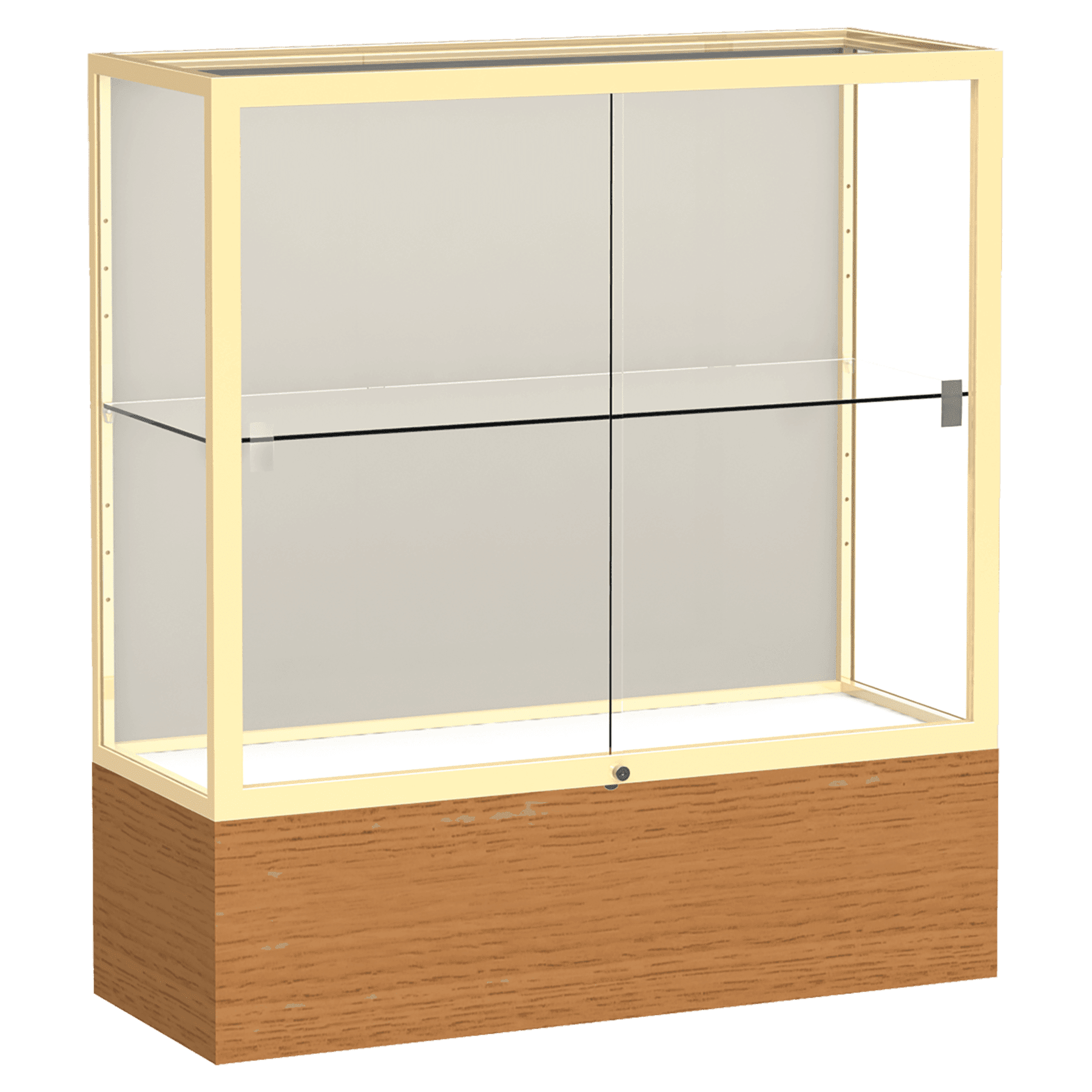 40"H x 36"W x 14"D Carmel Oak Finish, Plaque Fabric Back, Champagne Aluminum Frame, Reliant Display Case
