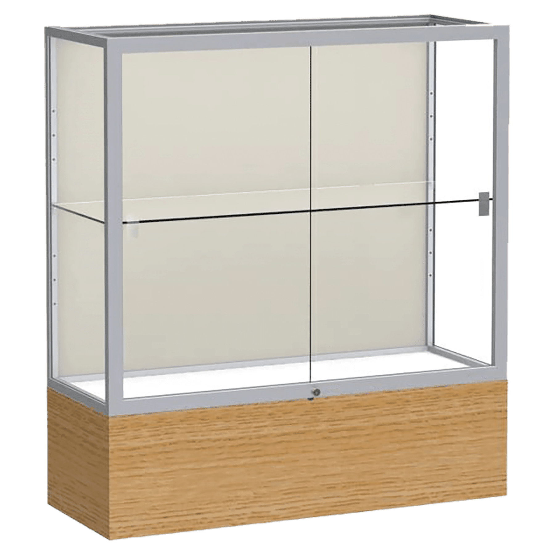40"H x 36"W x 14"D Natural Oak Finish, Plaque Fabric Back, Satin Natural Aluminum Frame, Reliant Display Case