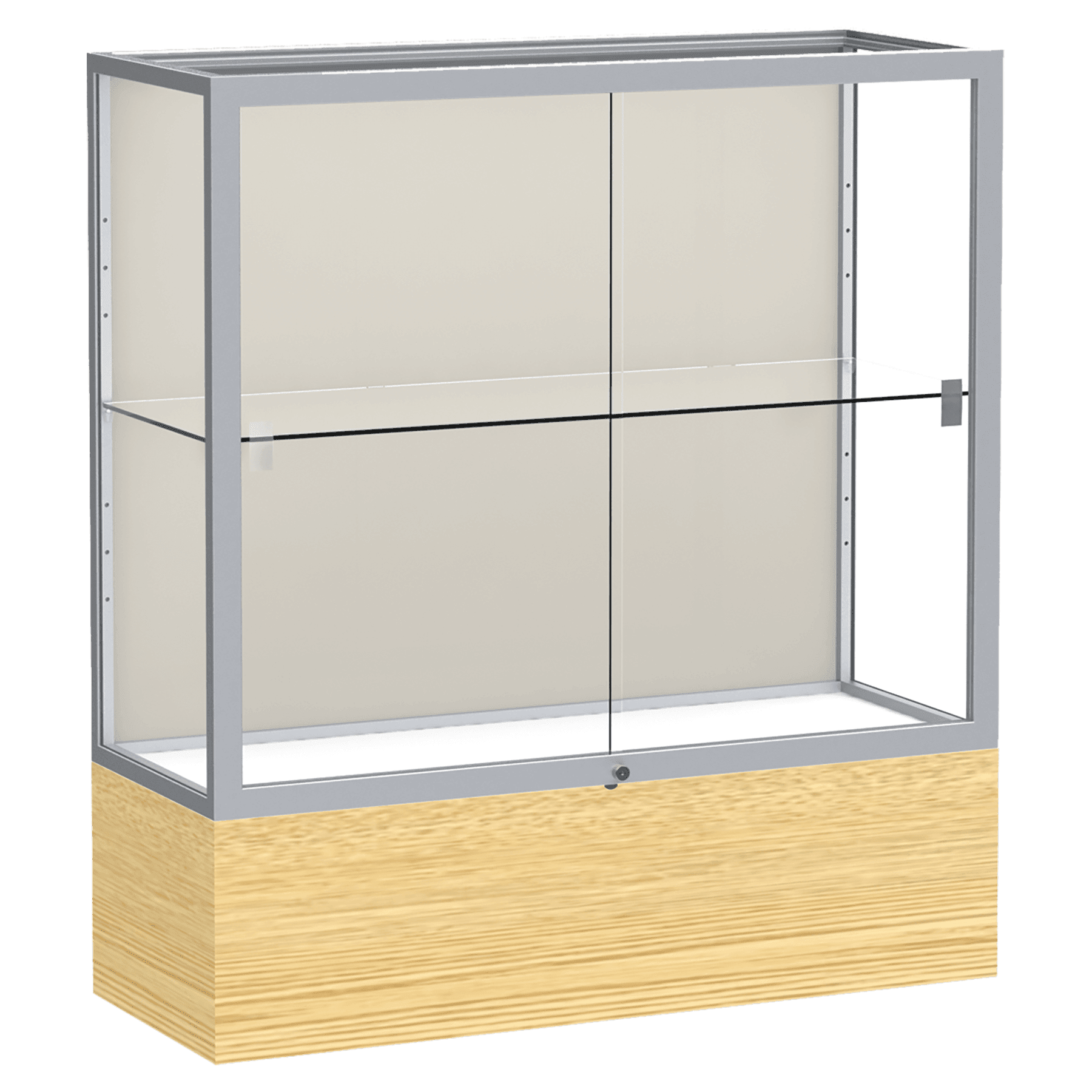 40"H x 36"W x 14"D Light Oak Vinyl Finish, Plaque Fabric Back, Satin Natural Aluminum Frame, Reliant Display Case