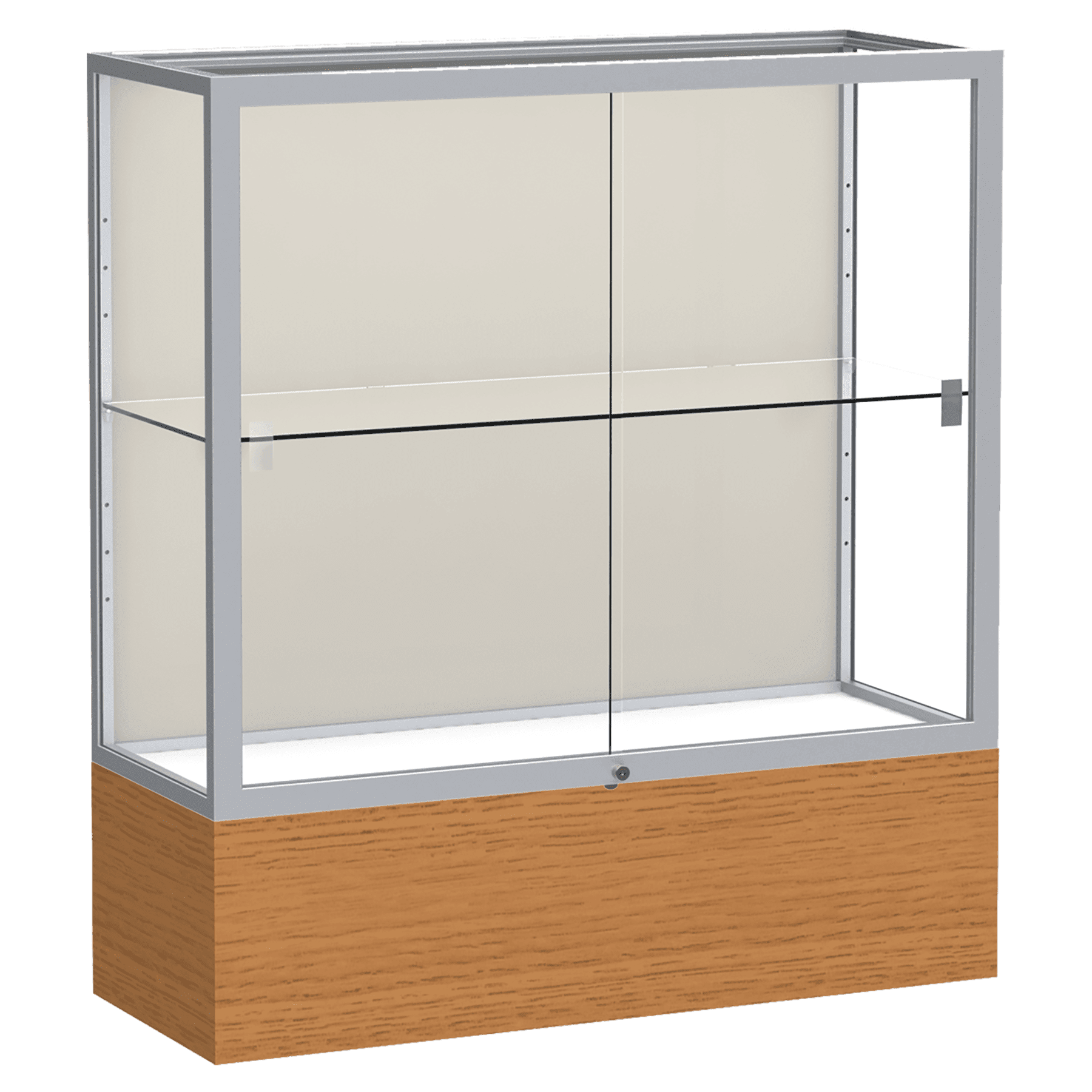 40"H x 36"W x 14"D Carmel Oak Finish, Plaque Fabric Back, Satin Natural Aluminum Frame, Reliant Display Case
