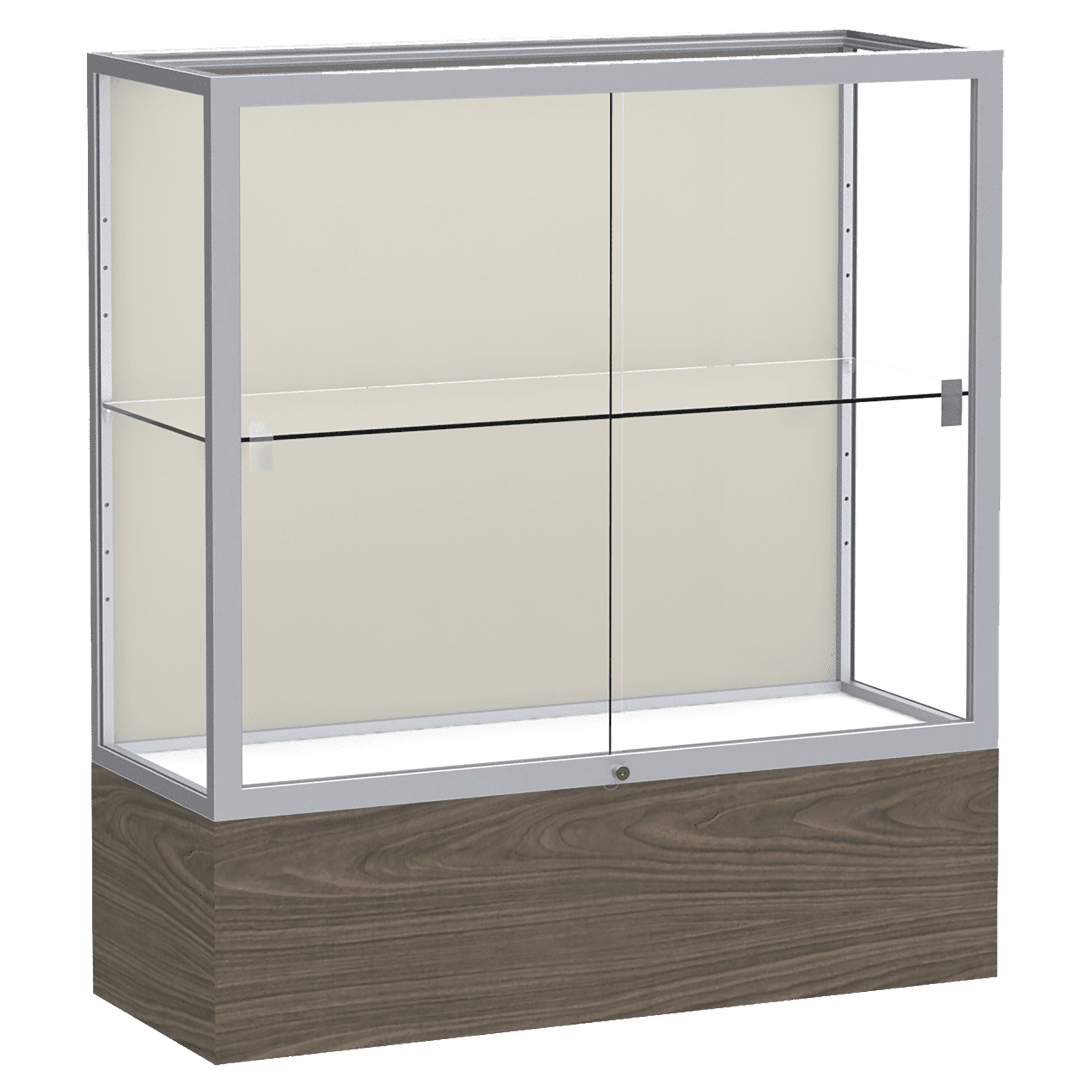 40"H x 36"W x 14"D Walnut Vinyl Finish, Plaque Fabric Back, Satin Natural Aluminum Frame, Reliant Display Case