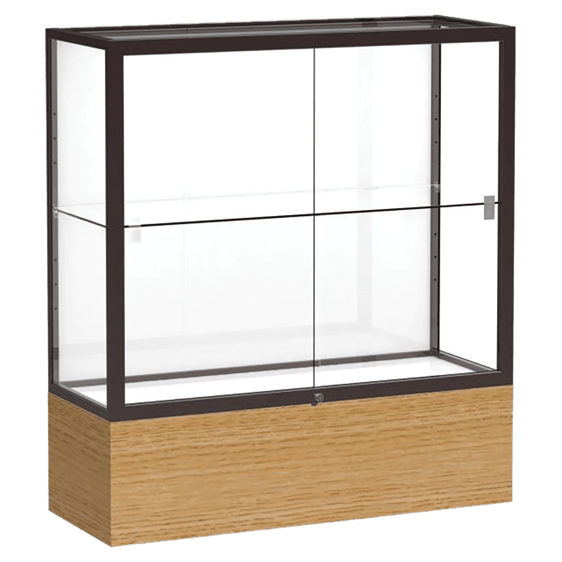 40"H x 36"W x 14"D Natural Oak Finish, White Laminate Back, Dark Bronze Aluminum Frame, Reliant Display Case