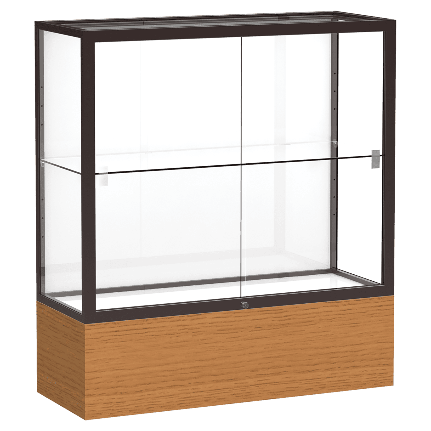 40"H x 36"W x 14"D Carmel Oak Finish, White Laminate Back, Dark Bronze Aluminum Frame, Reliant Display Case