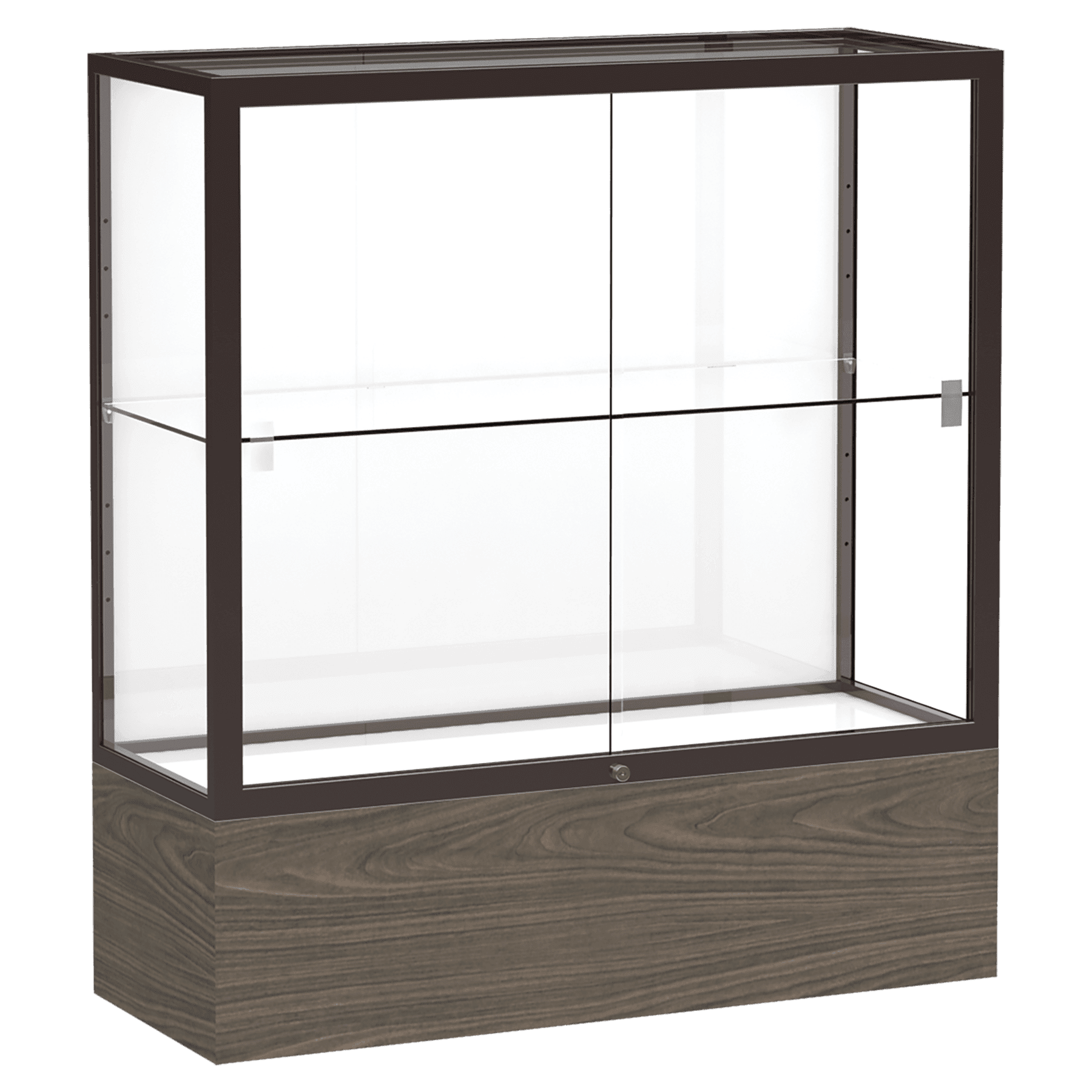 40"H x 36"W x 14"D Walnut Vinyl Finish, White Laminate Back, Dark Bronze Aluminum Frame, Reliant Display Case