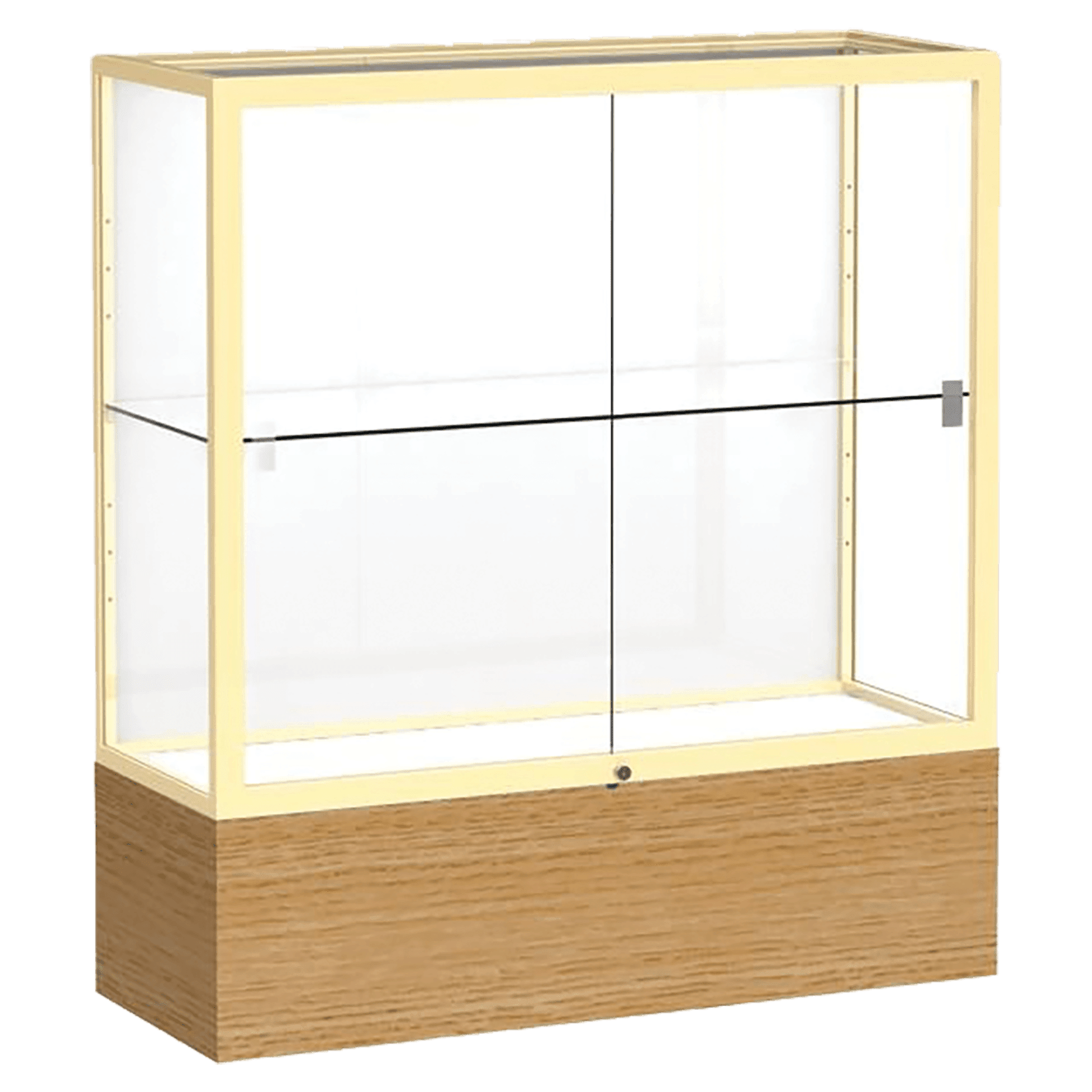 40"H x 36"W x 14"D Natura Oak Finish, White Laminate Back, Champagne Aluminum Frame, Reliant Display Case