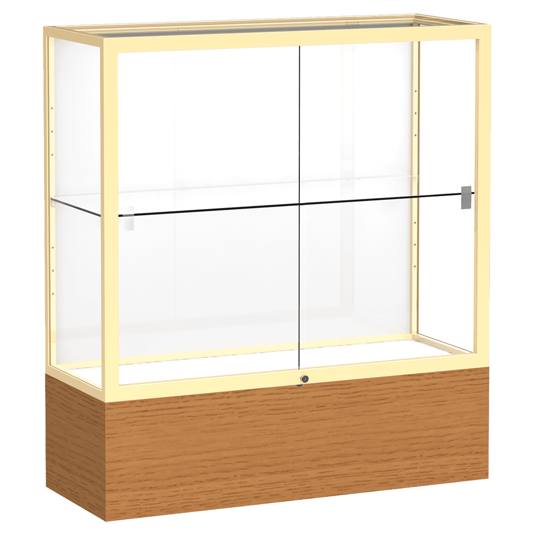 40"H x 36"W x 14"D Carmel Oak Finish, White Laminate Back, Champagne Aluminum Frame, Reliant Display Case