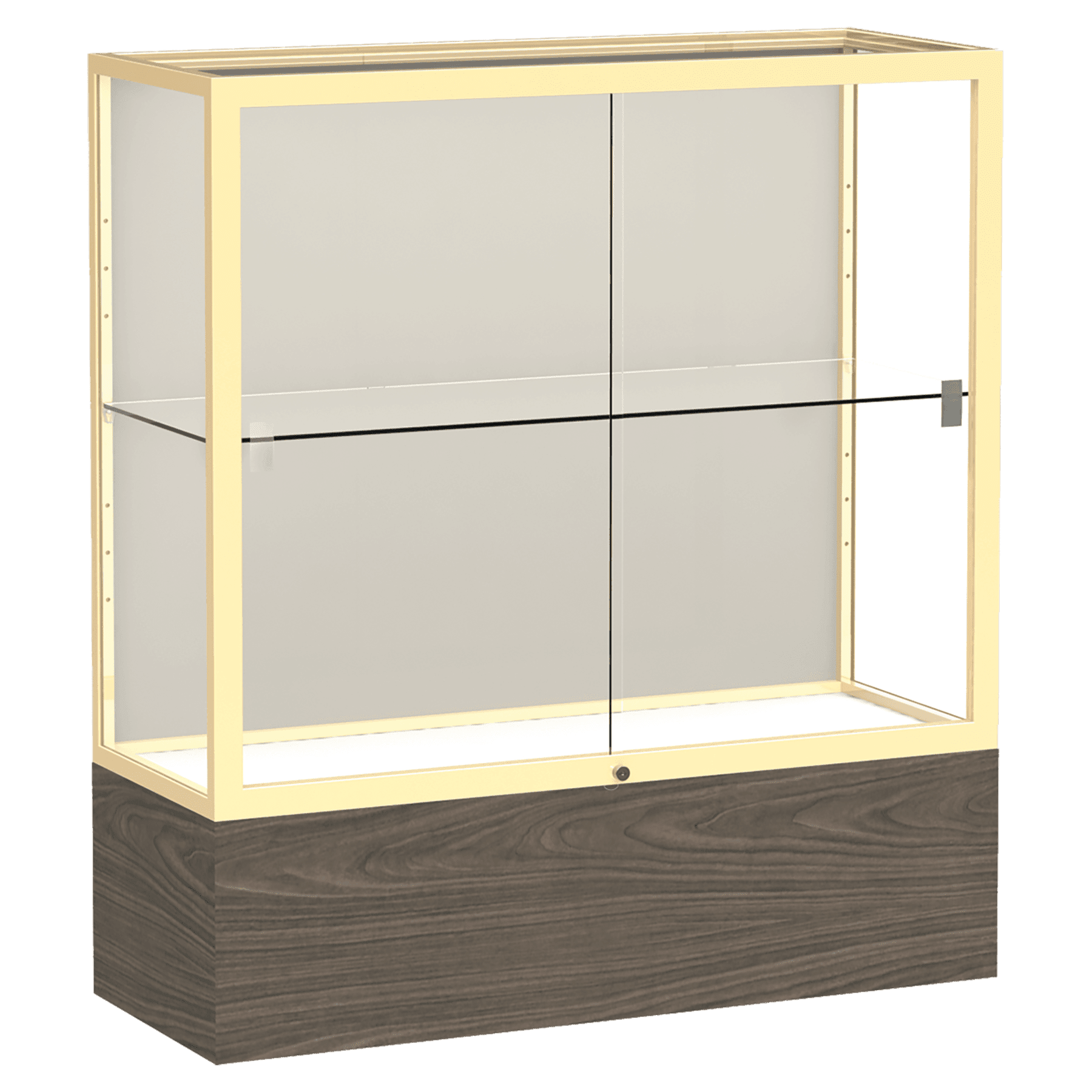 40"H x 36"W x 14"D Walnut Vinyl Finish, White Laminate Back, Champagne Aluminum Frame, Reliant Display Case
