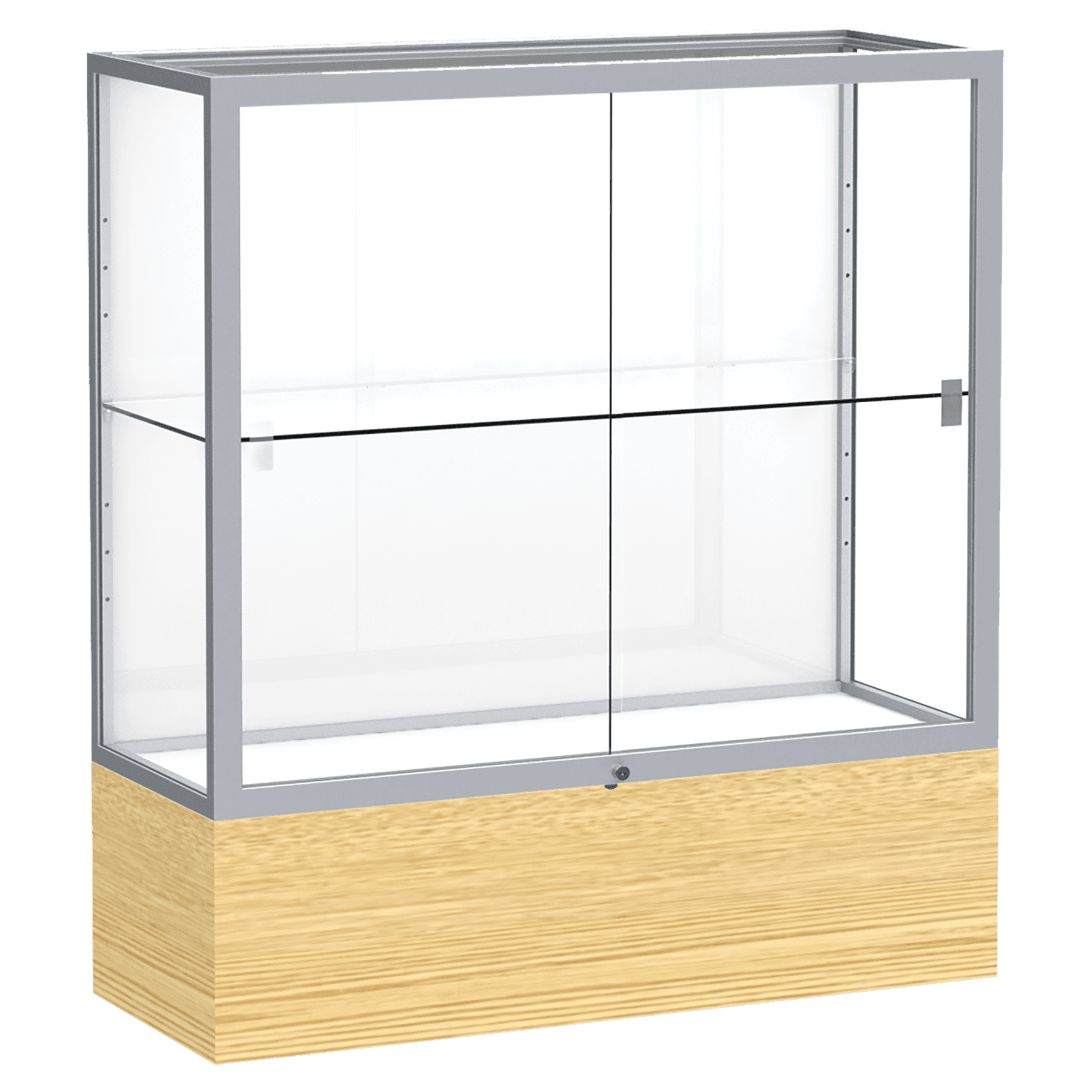 40"H x 36"W x 14"D Light Oak Vinyl Finish, White Laminate Back, Satin Natural Aluminum Frame, Reliant Display Case