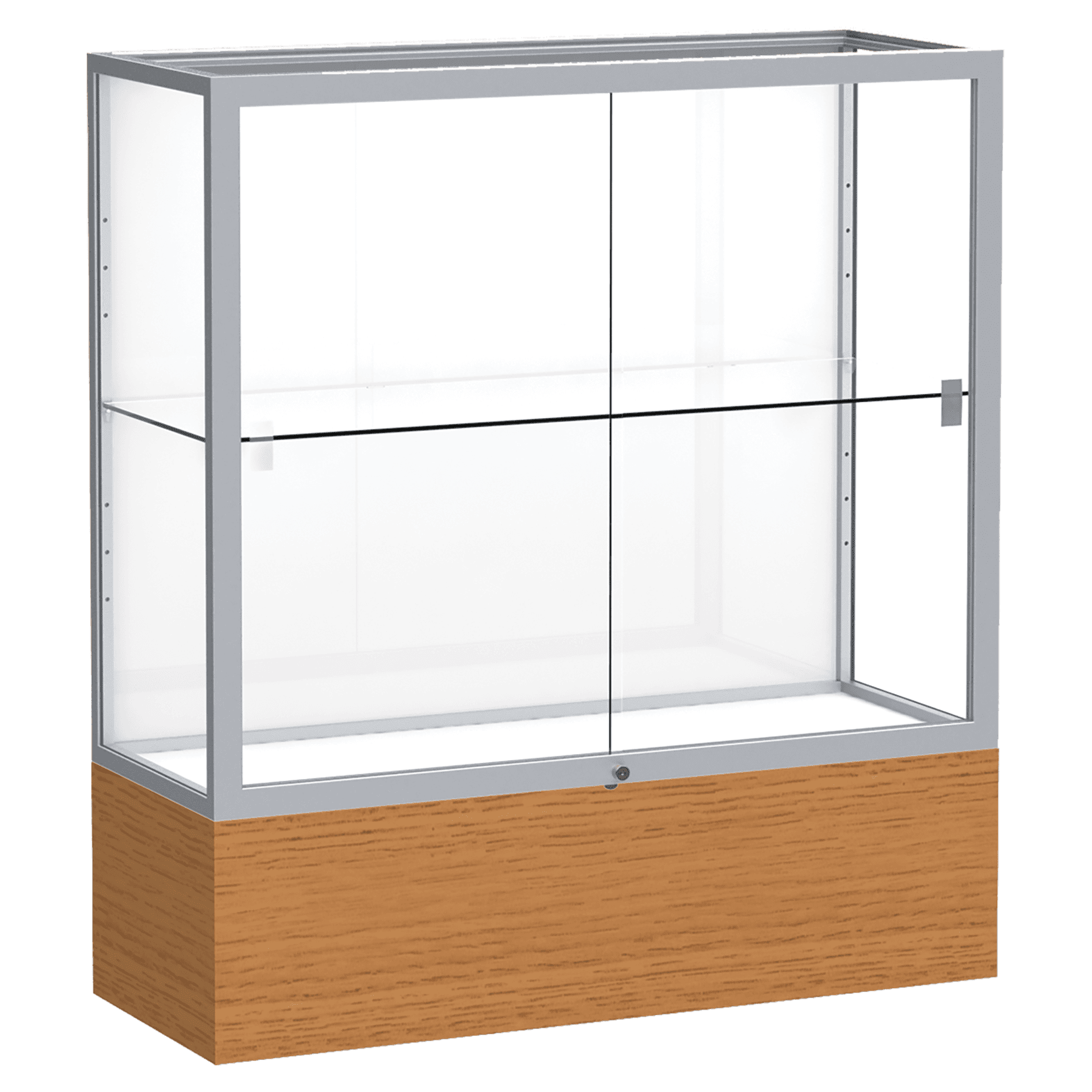 40"H x 36"W x 14"D Carmel Oak Finish, White Laminate Back, Satin Natural Aluminum Frame, Reliant Display Case
