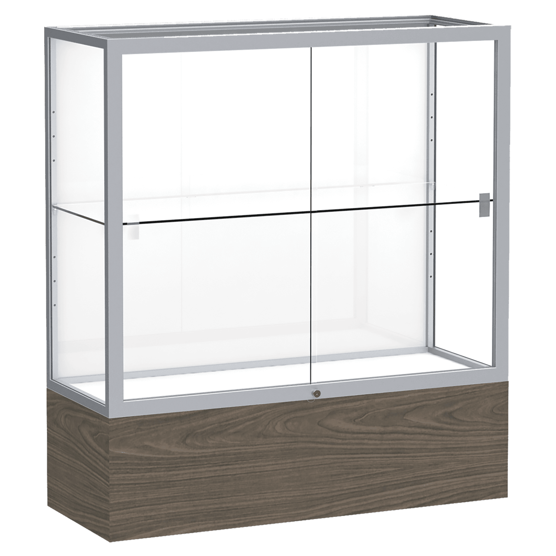40"H x 36"W x 14"D Walnut Vinyl Finish, White Laminate Back, Satin Natural Aluminum Frame, Reliant Display Case