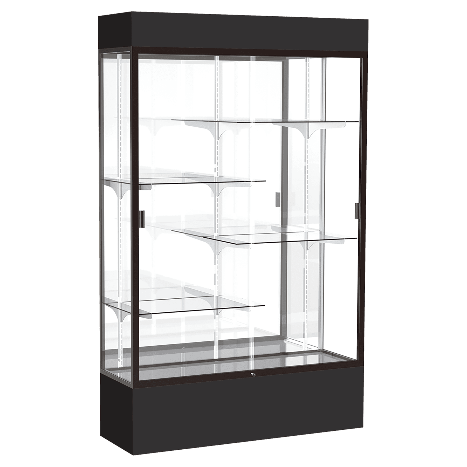 72"H x 48"W x 16"D Black Laminate Finish, Mirror Back, Bronze Aluminum Frame, Spirit Display Case