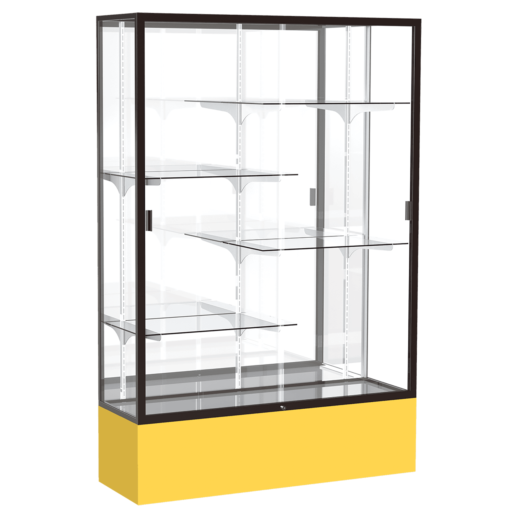 72"H x 48"W x 16"D Goldenrod Laminate Finish, Mirror Back, Bronze Aluminum Frame, Spirit Display Case