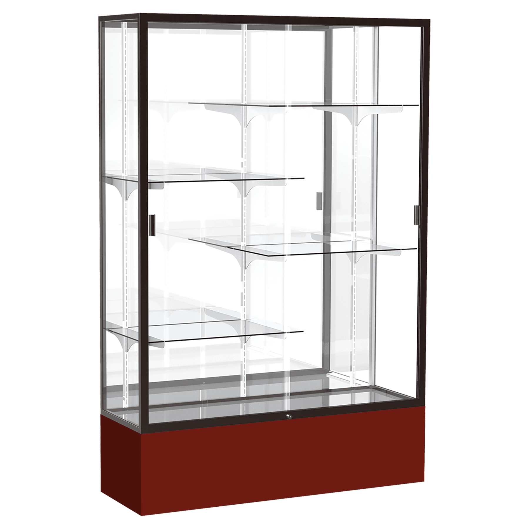 72"H x 48"W x 16"D Maroon Laminate Finish, Mirror Back, Bronze Aluminum Frame, Spirit Display Case