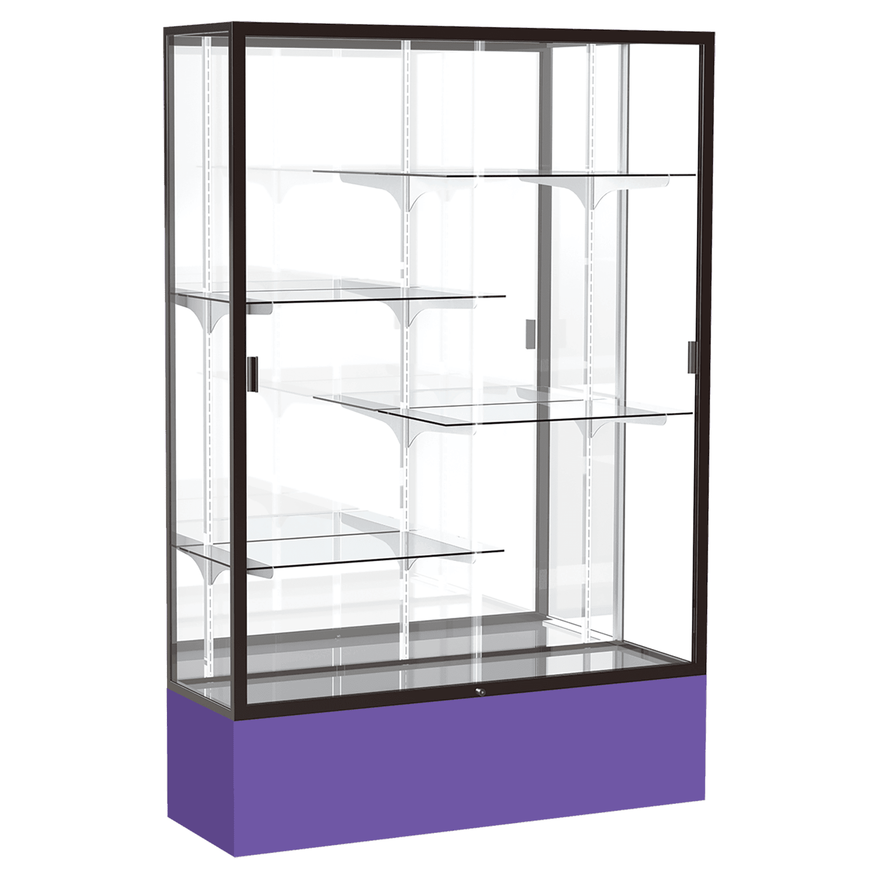72"H x 48"W x 16"D Purple Laminate Finish, Mirror Back, Bronze Aluminum Frame, Spirit Display Case