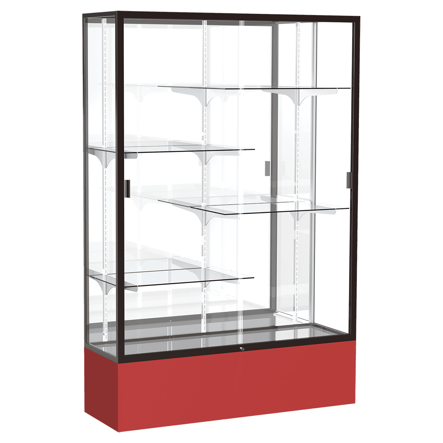 72"H x 48"W x 16"D Red Laminate Finish, Mirror Back, Bronze Aluminum Frame, Spirit Display Case