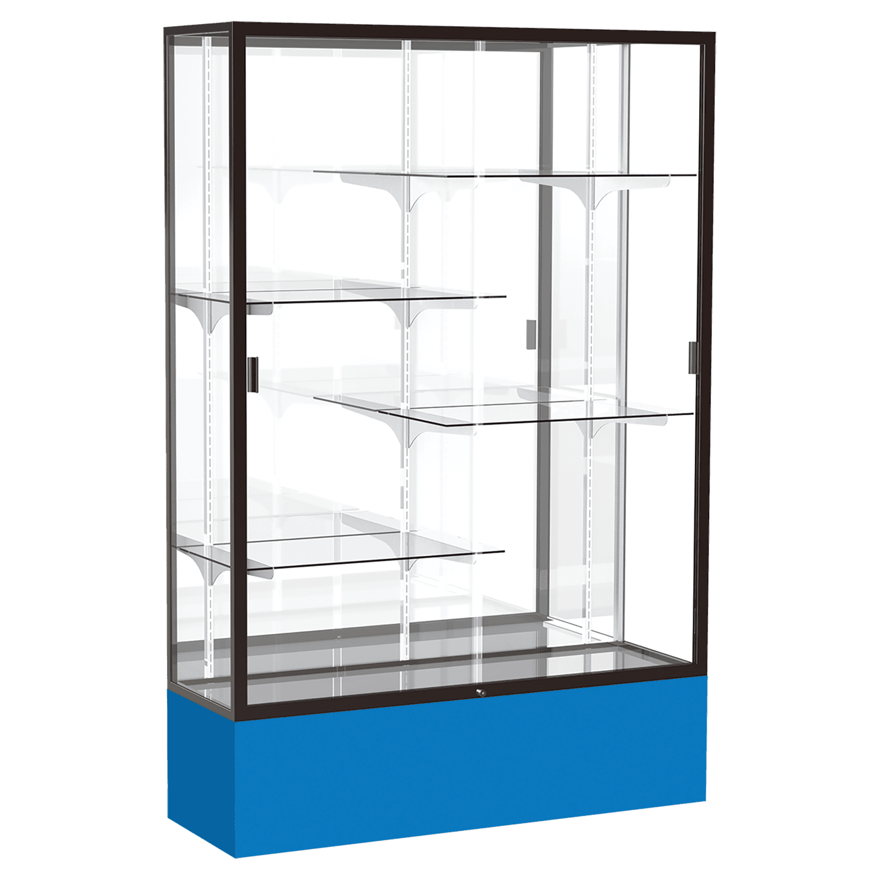 72"H x 48"W x 16"D Royal Blue Laminate Finish, Mirror Back, Bronze Aluminum Frame, Spirit Display Case