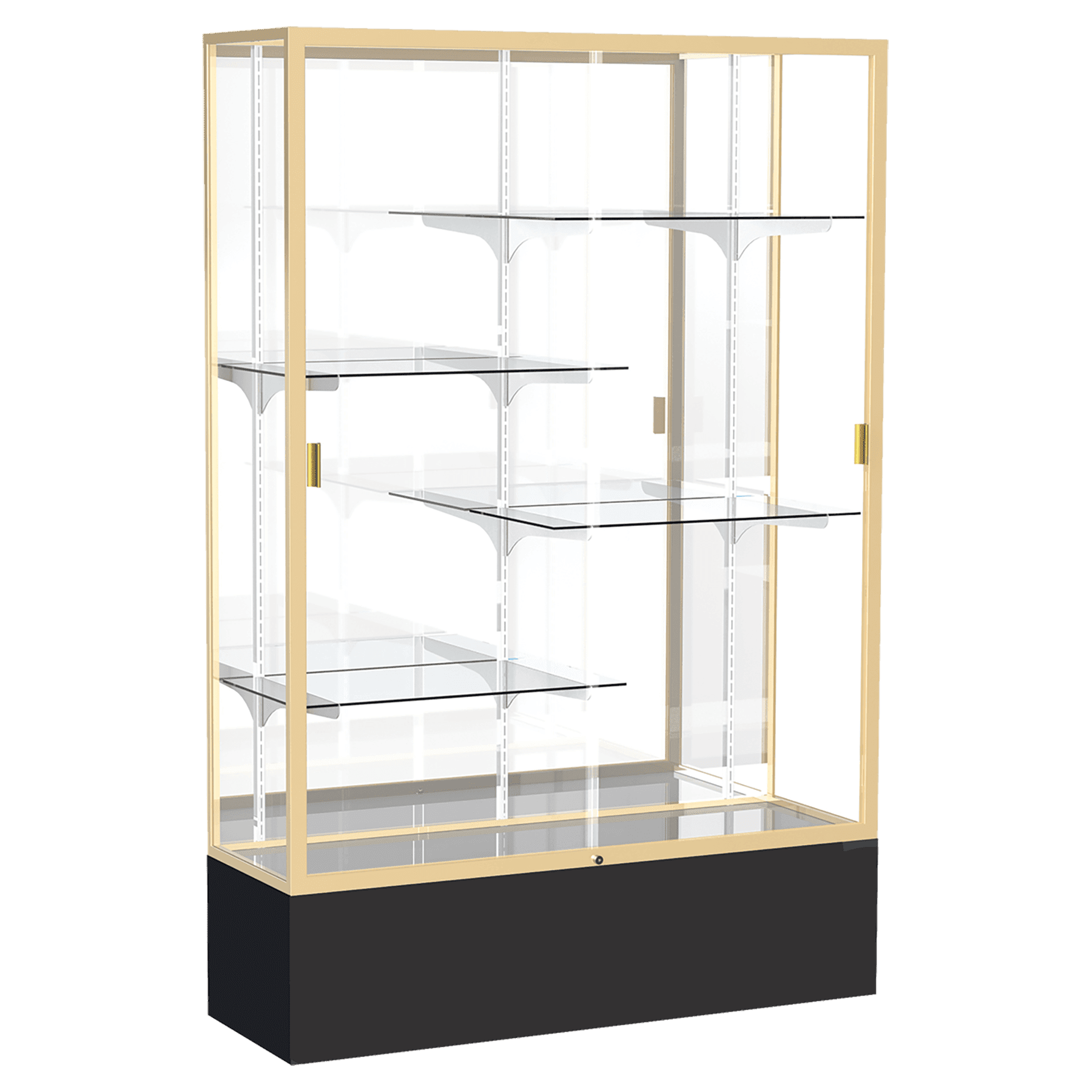 72"H x 48"W x 16"D Black Laminate Finish, Mirror Back, Champagne Aluminum Frame, Spirit Display Case
