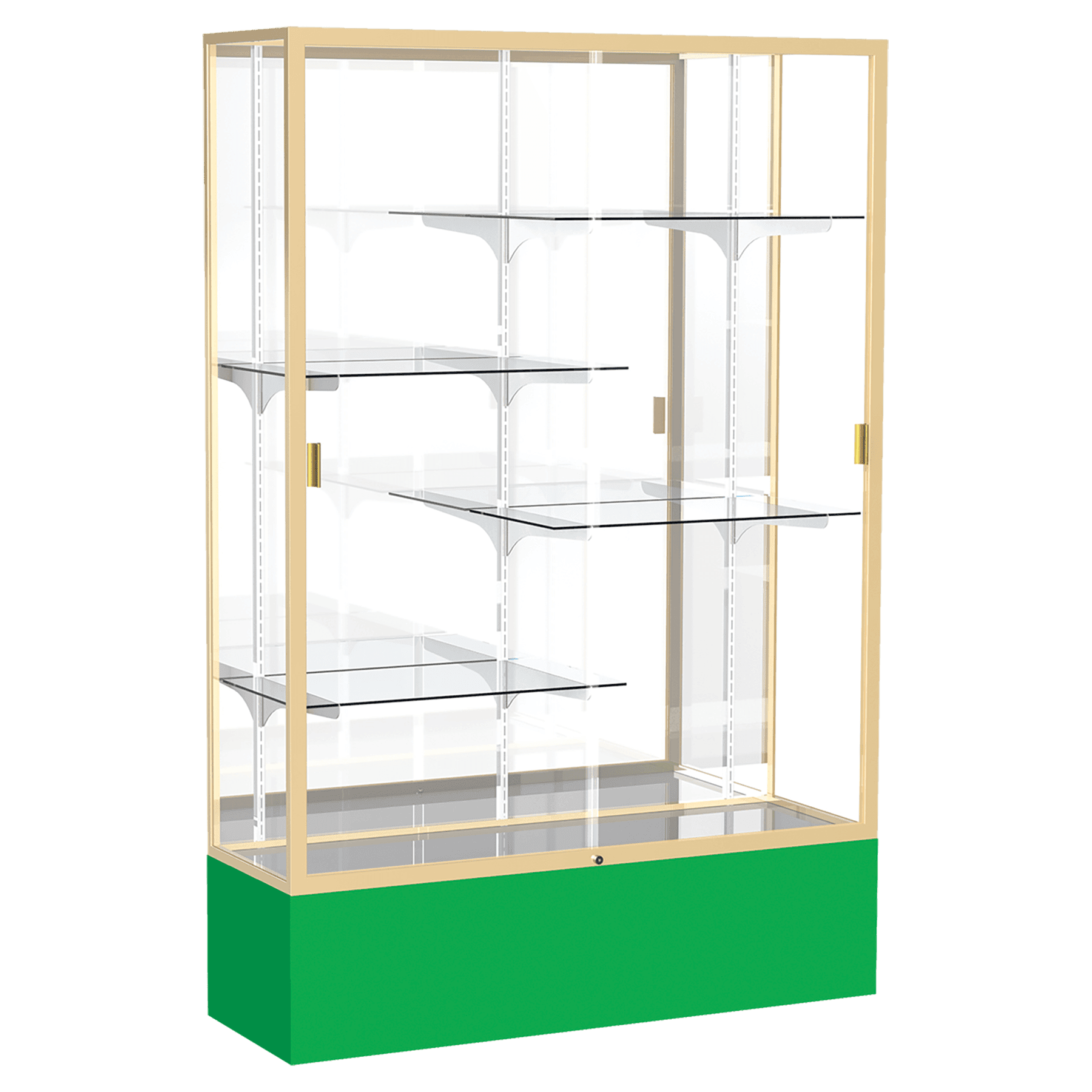 72"H x 48"W x 16"D Kelly Green Laminate Finish, Mirror Back, Champagne Aluminum Frame, Spirit Display Case