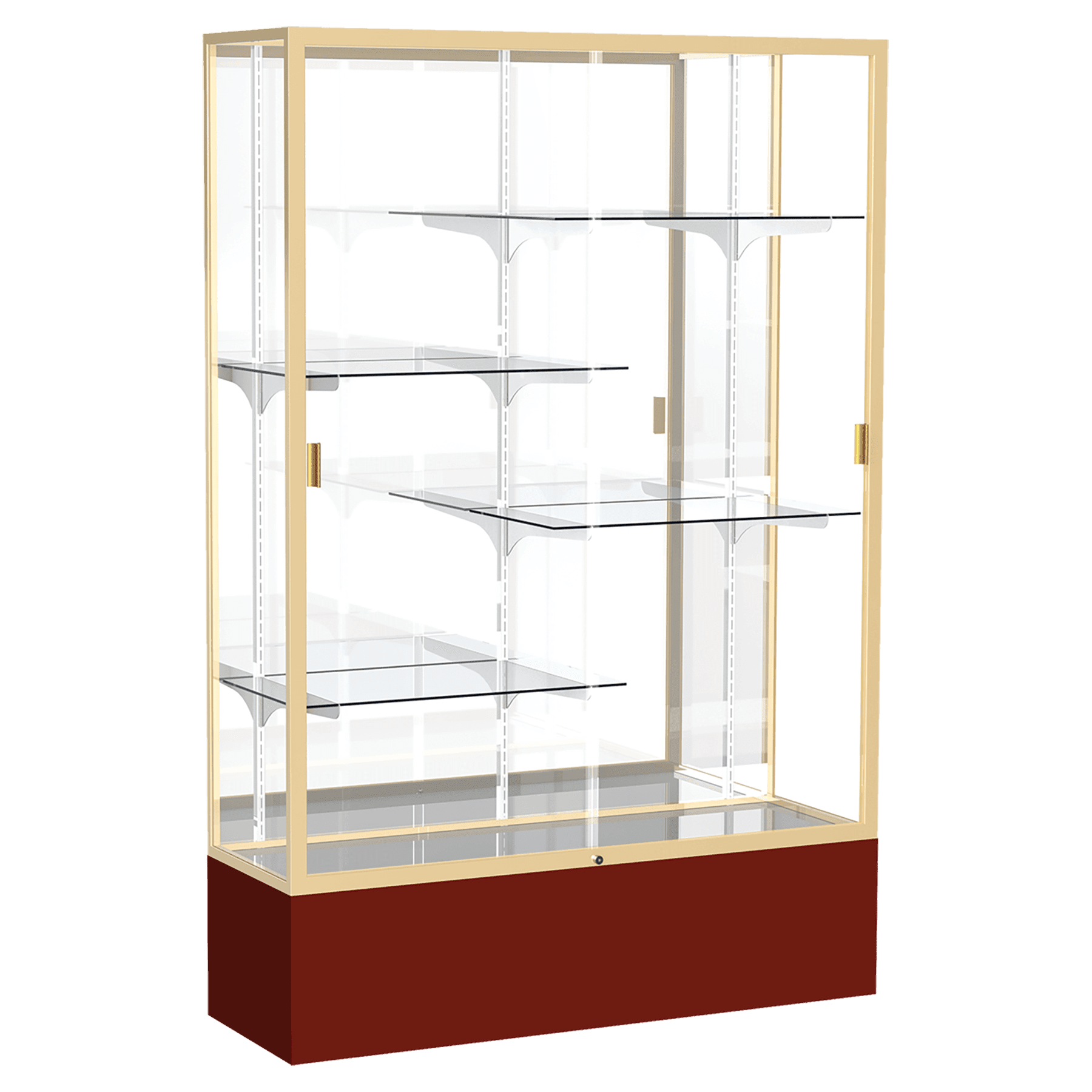 72"H x 48"W x 16"D Maroon Laminate Finish, Mirror Back, Champagne Aluminum Frame, Spirit Display Case