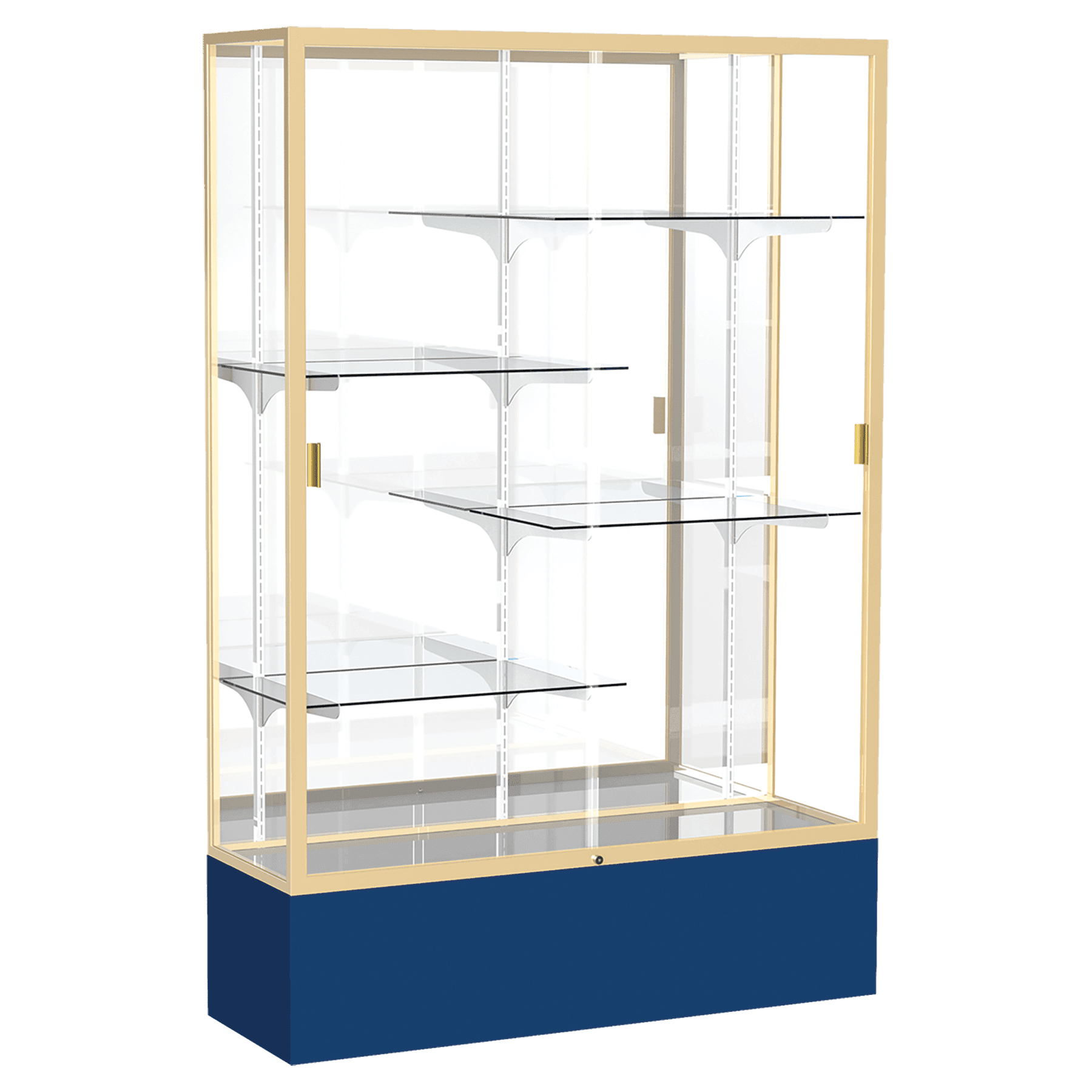 72"H x 48"W x 16"D Navy Laminate Finish, Mirror Back, Champagne Aluminum Frame, Spirit Display Case