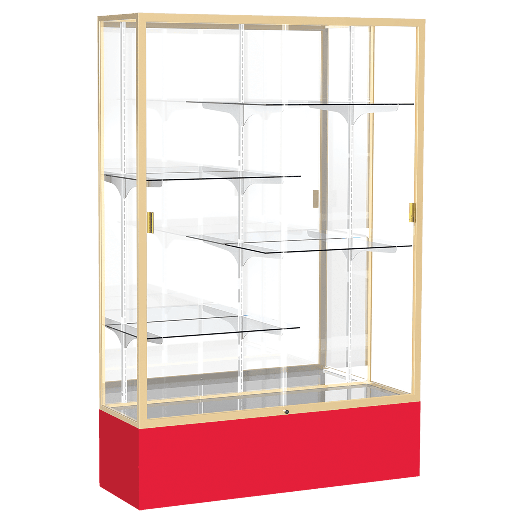 72"H x 48"W x 16"D Red Laminate Finish, Mirror Back, Champagne Aluminum Frame, Spirit Display Case