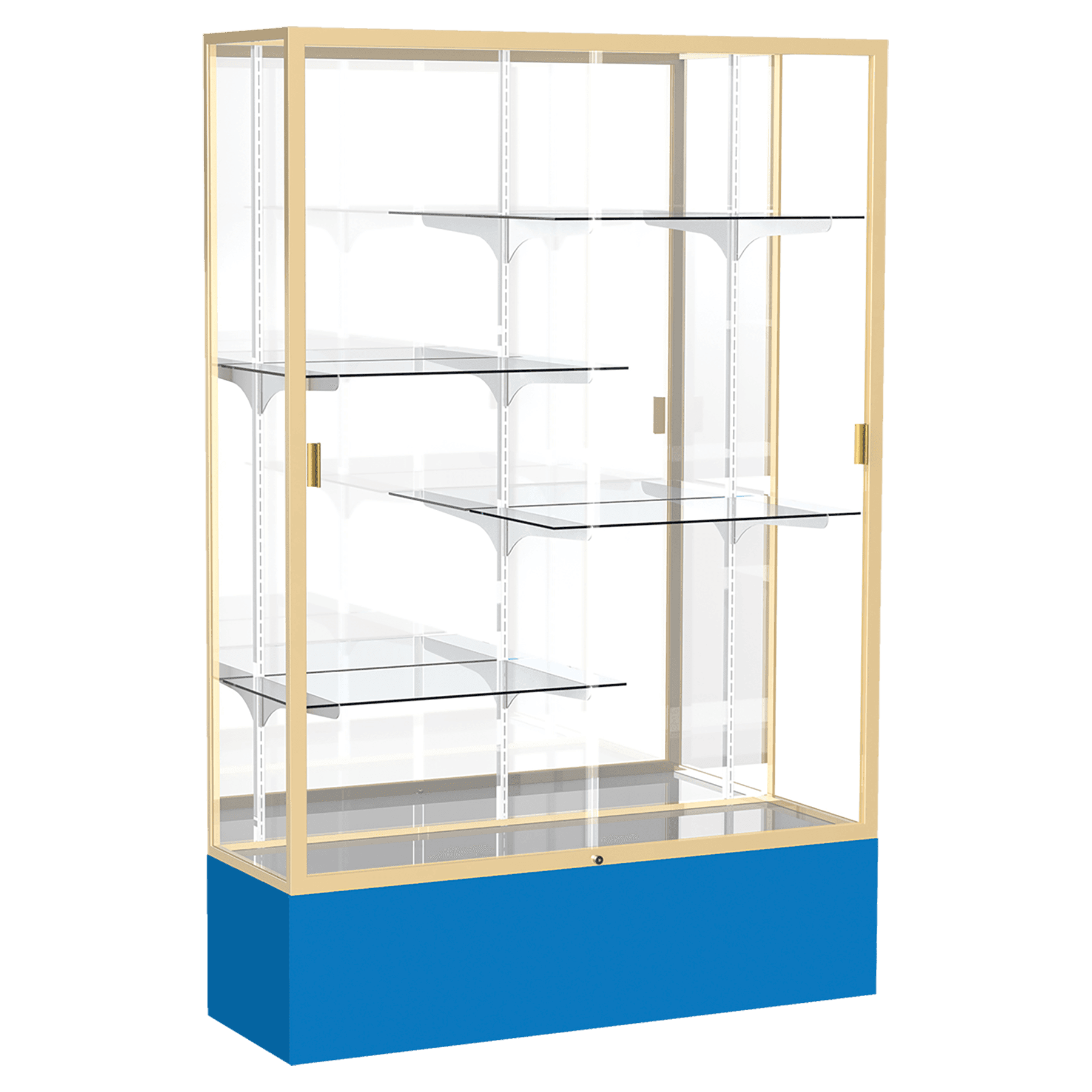 72"H x 48"W x 16"D Royal Blue Laminate Finish, Mirror Back, Champagne Aluminum Frame, Spirit Display Case