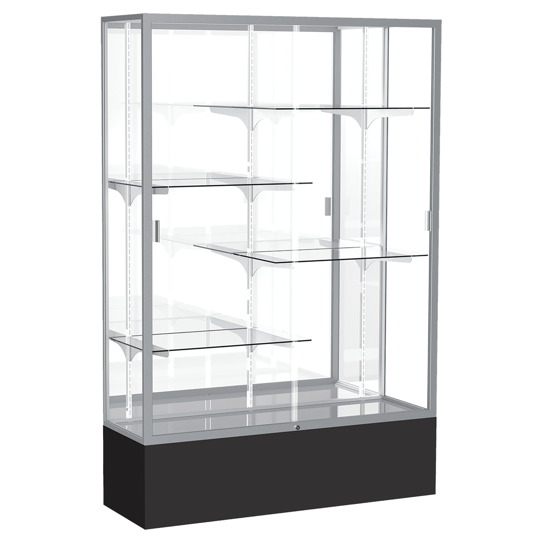72"H x 48"W x 16"D Black Laminate Finish, Mirror Back, Satin Aluminum Frame, Spirit Display Case