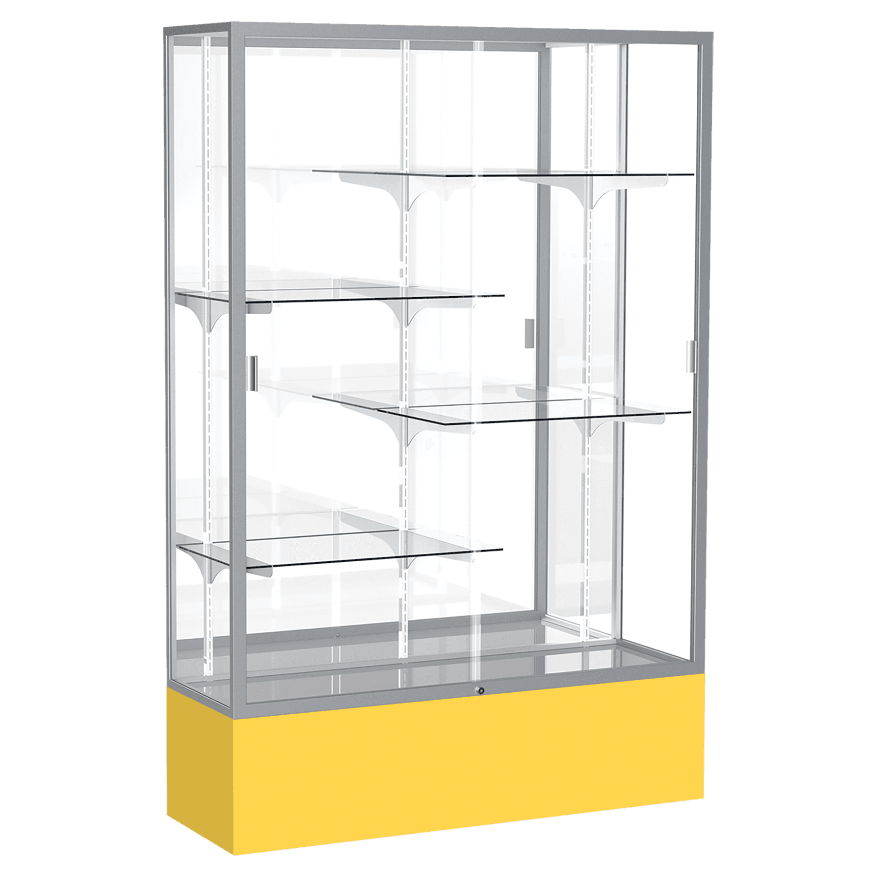 72"H x 48"W x 16"D Goldenrod Laminate Finish, Mirror Back, Satin Aluminum Frame, Spirit Display Case