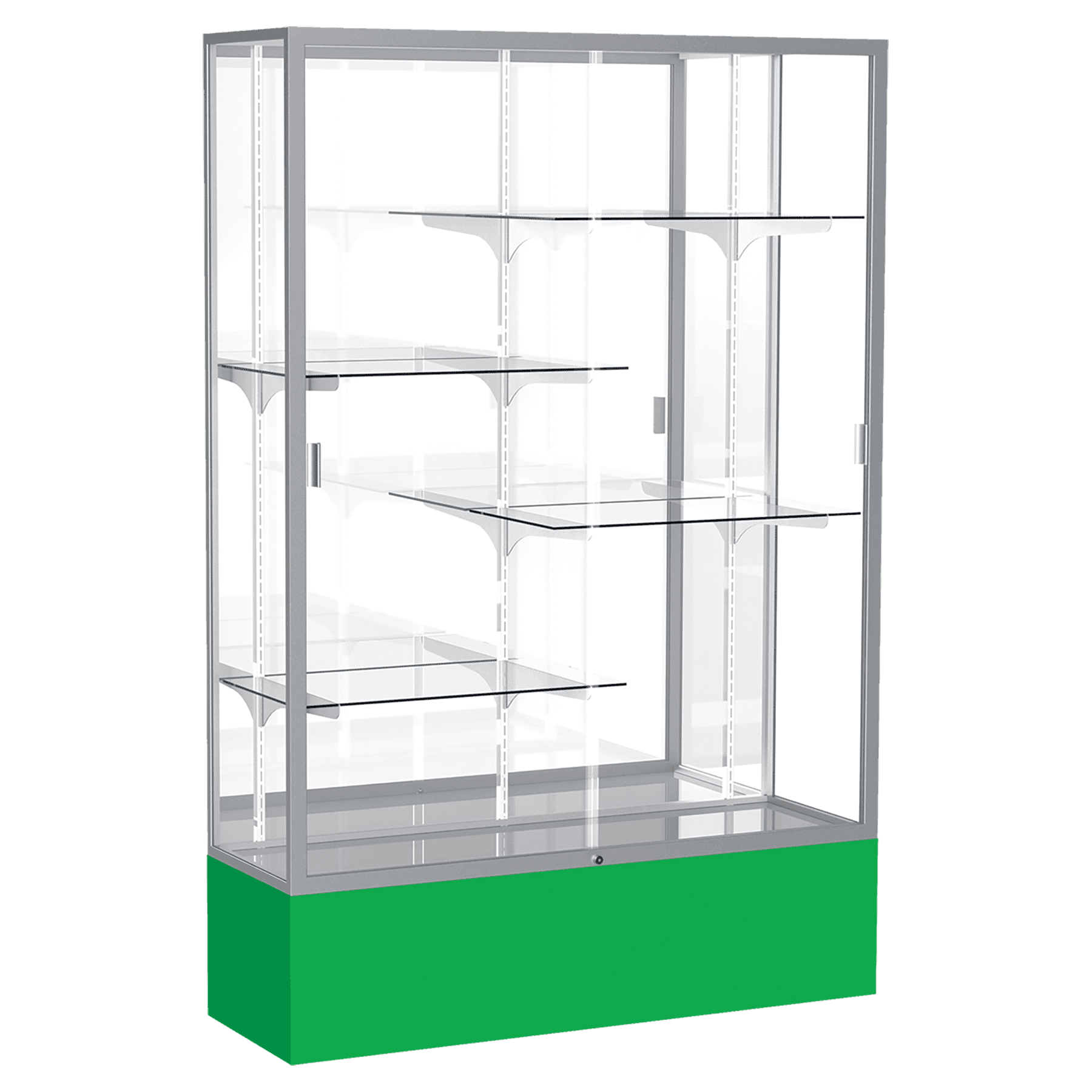 72"H x 48"W x 16"D Kelly Green Laminate Finish, Mirror Back, Satin Aluminum Frame, Spirit Display Case