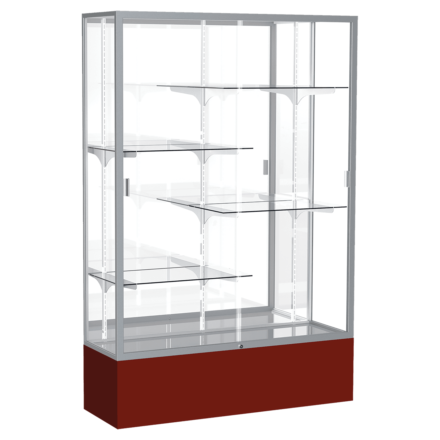 72"H x 48"W x 16"D Maroon Laminate Finish, Mirror Back, Satin Aluminum Frame, Spirit Display Case
