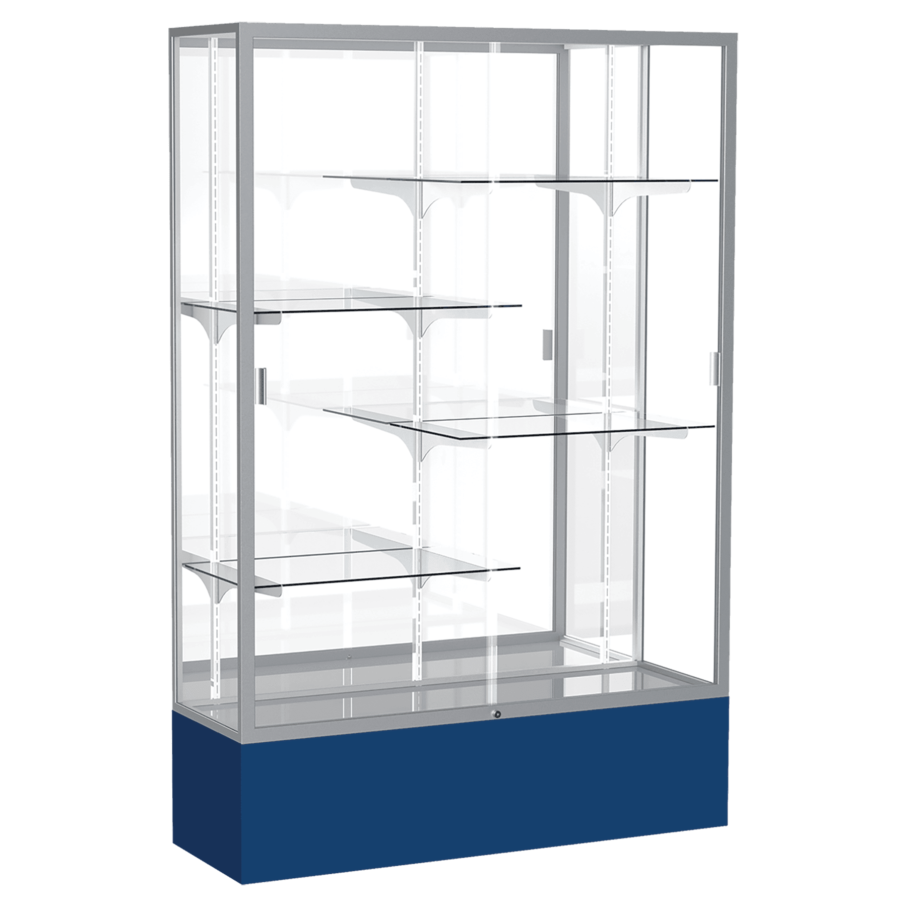 72"H x 48"W x 16"D Navy Laminate Finish, Mirror Back, Satin Aluminum Frame, Spirit Display Case