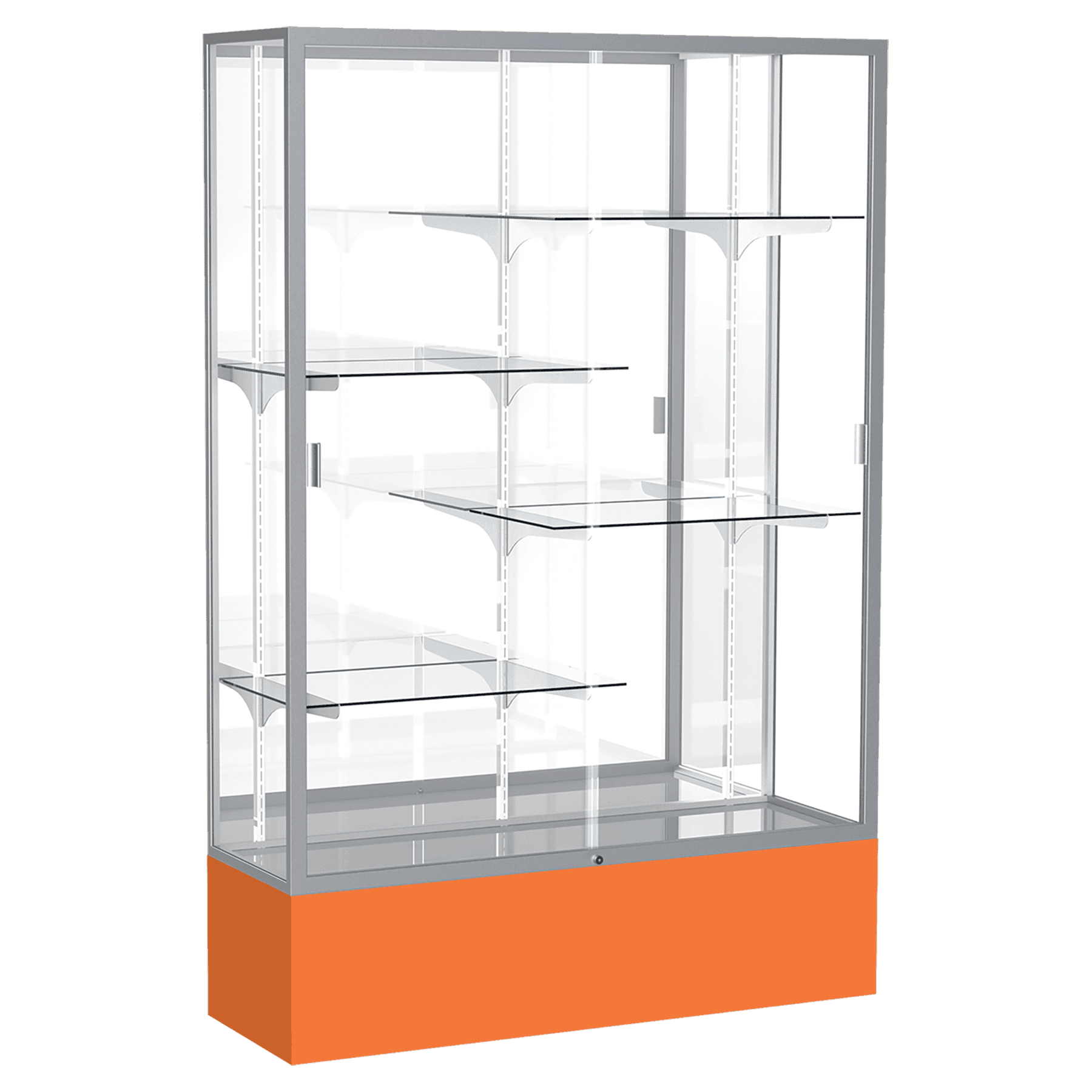 72"H x 48"W x 16"D Orange Laminate Finish, Mirror Back, Satin Aluminum Frame, Spirit Display Case
