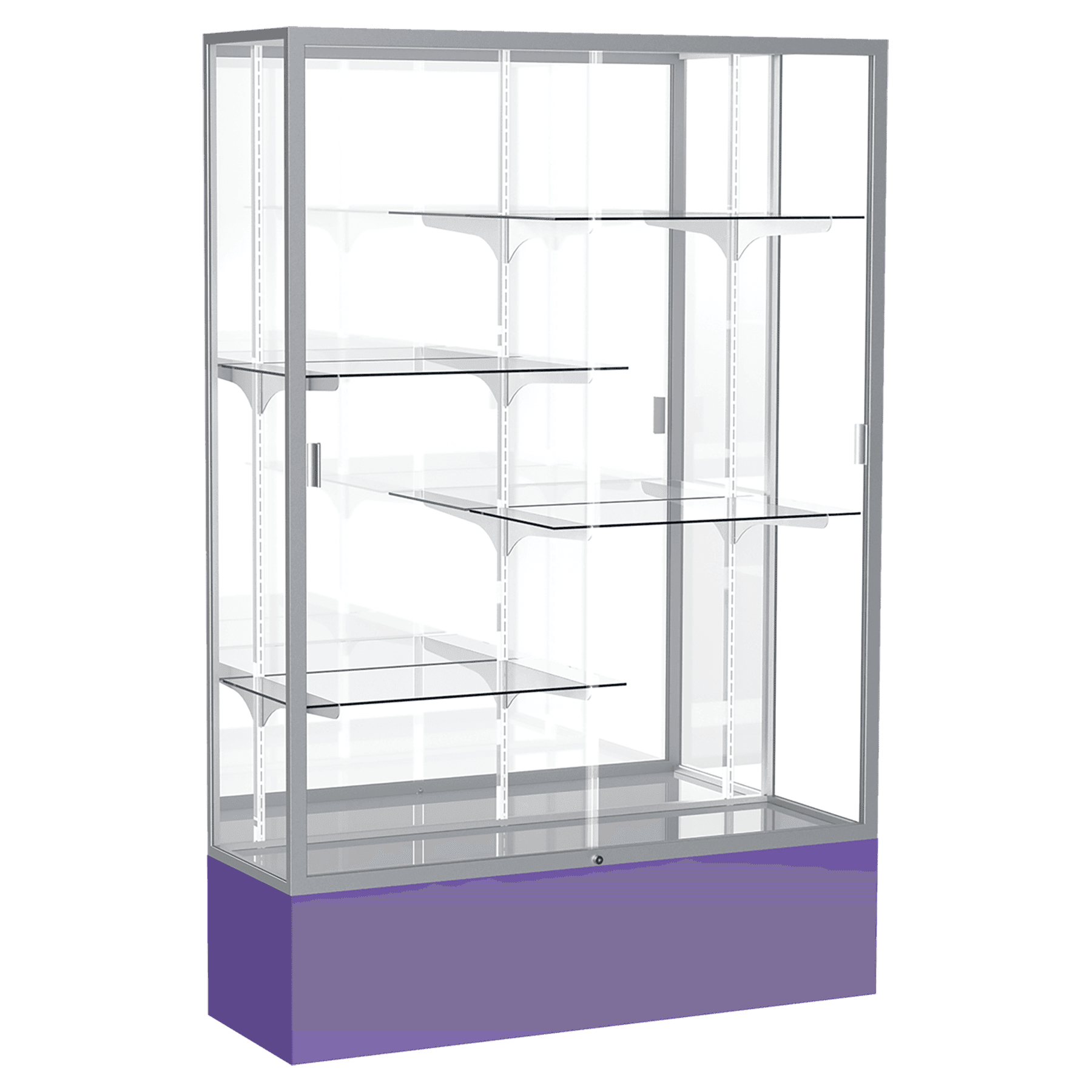 72"H x 48"W x 16"D Purple Laminate Finish, Mirror Back, Satin Aluminum Frame, Spirit Display Case