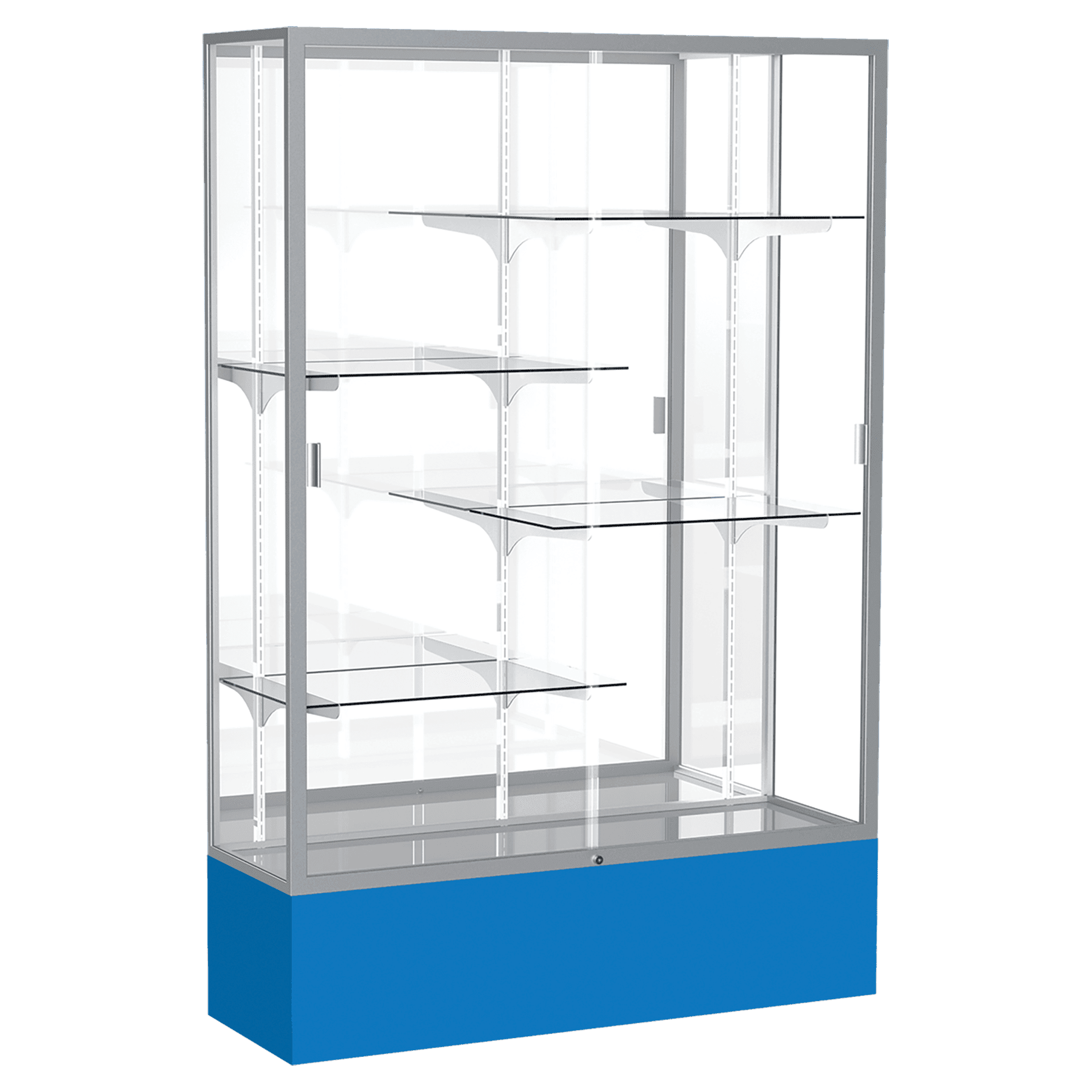 72"H x 48"W x 16"D Royal Blue Laminate Finish, Mirror Back, Satin Aluminum Frame, Spirit Display Case